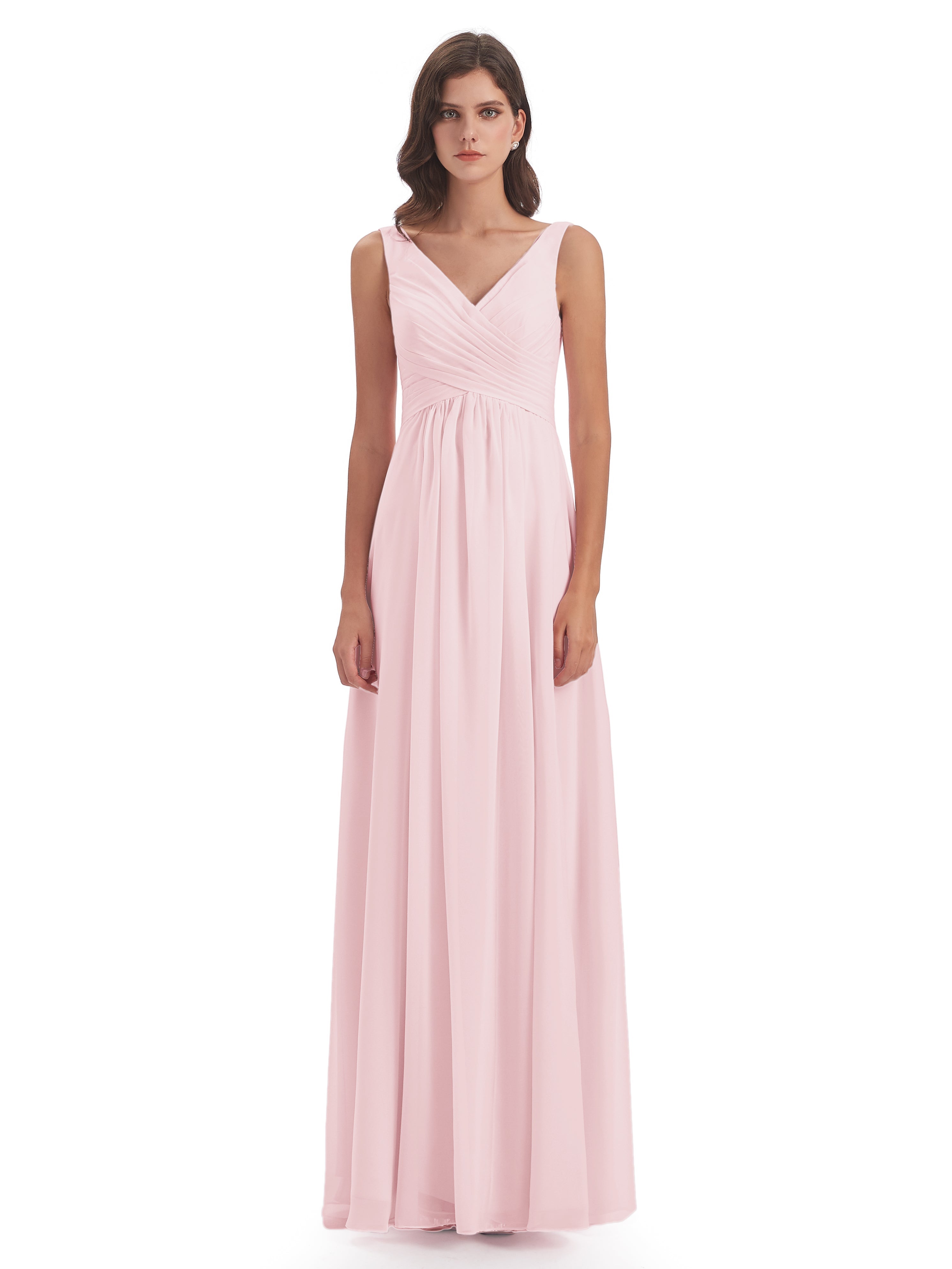 Robe Demoiselle Honneur Rose Pale Col V Fendue Mousseline Robes Demoiselle D'Honneur