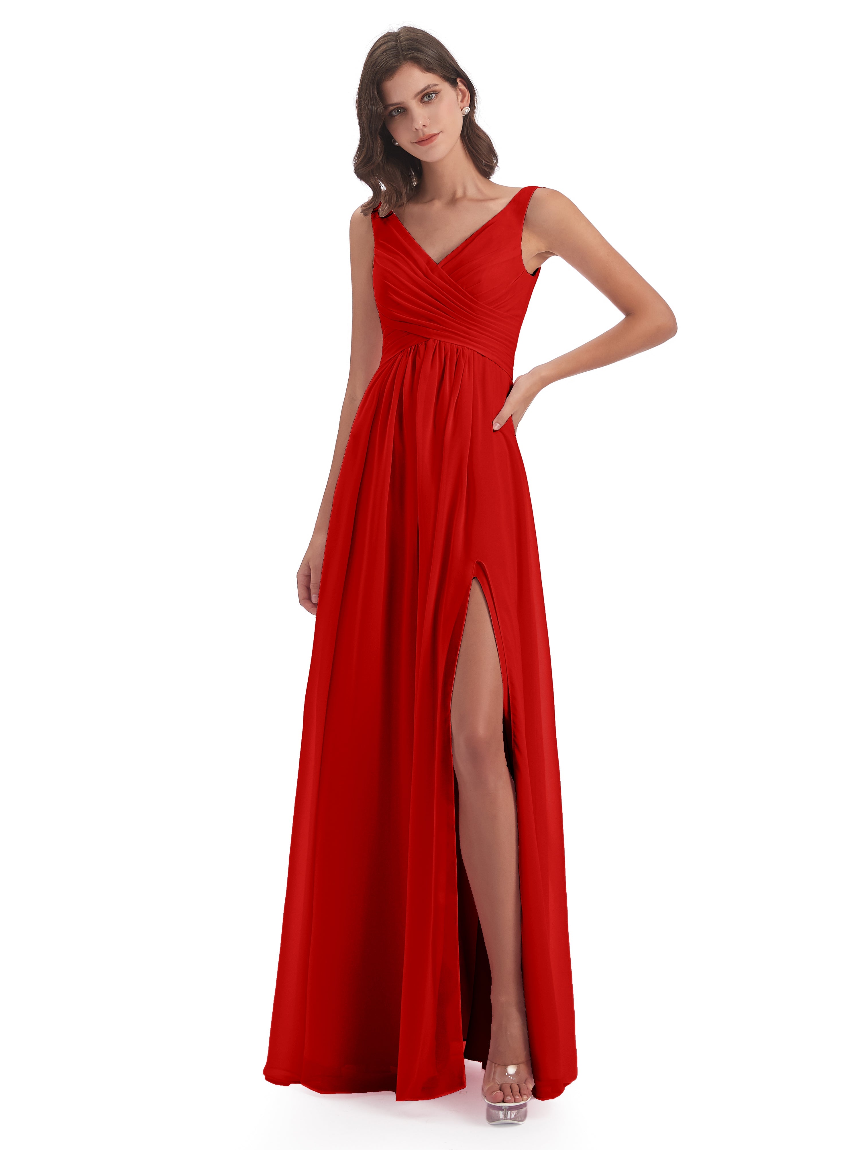Demoiselle D Honneur Robe Rouge Col V Fendue Mousseline Robes Demoiselle D'Honneur