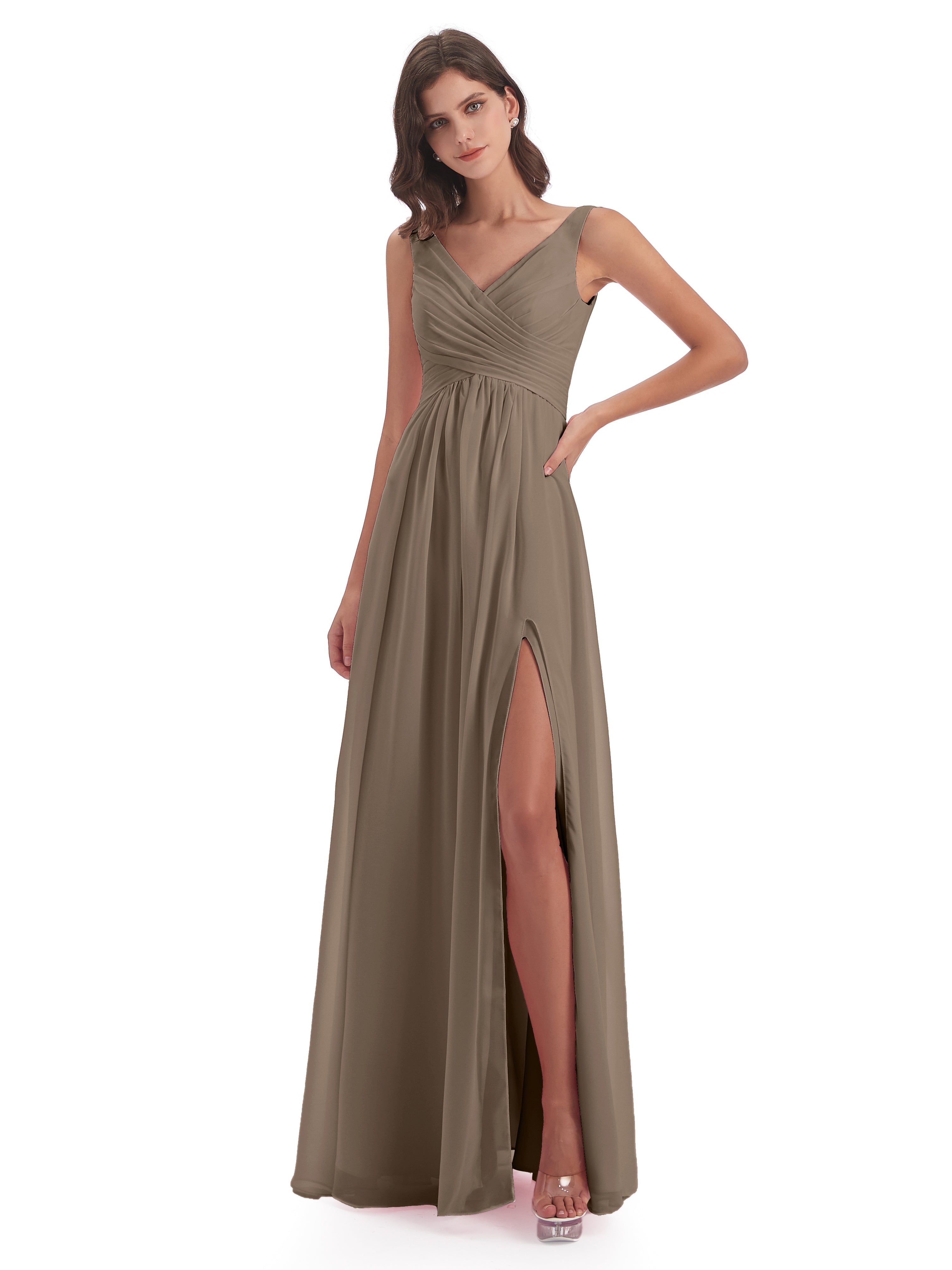 Robe De Couleur Taupe Col V Fendue Mousseline Robes Demoiselle D'Honneur