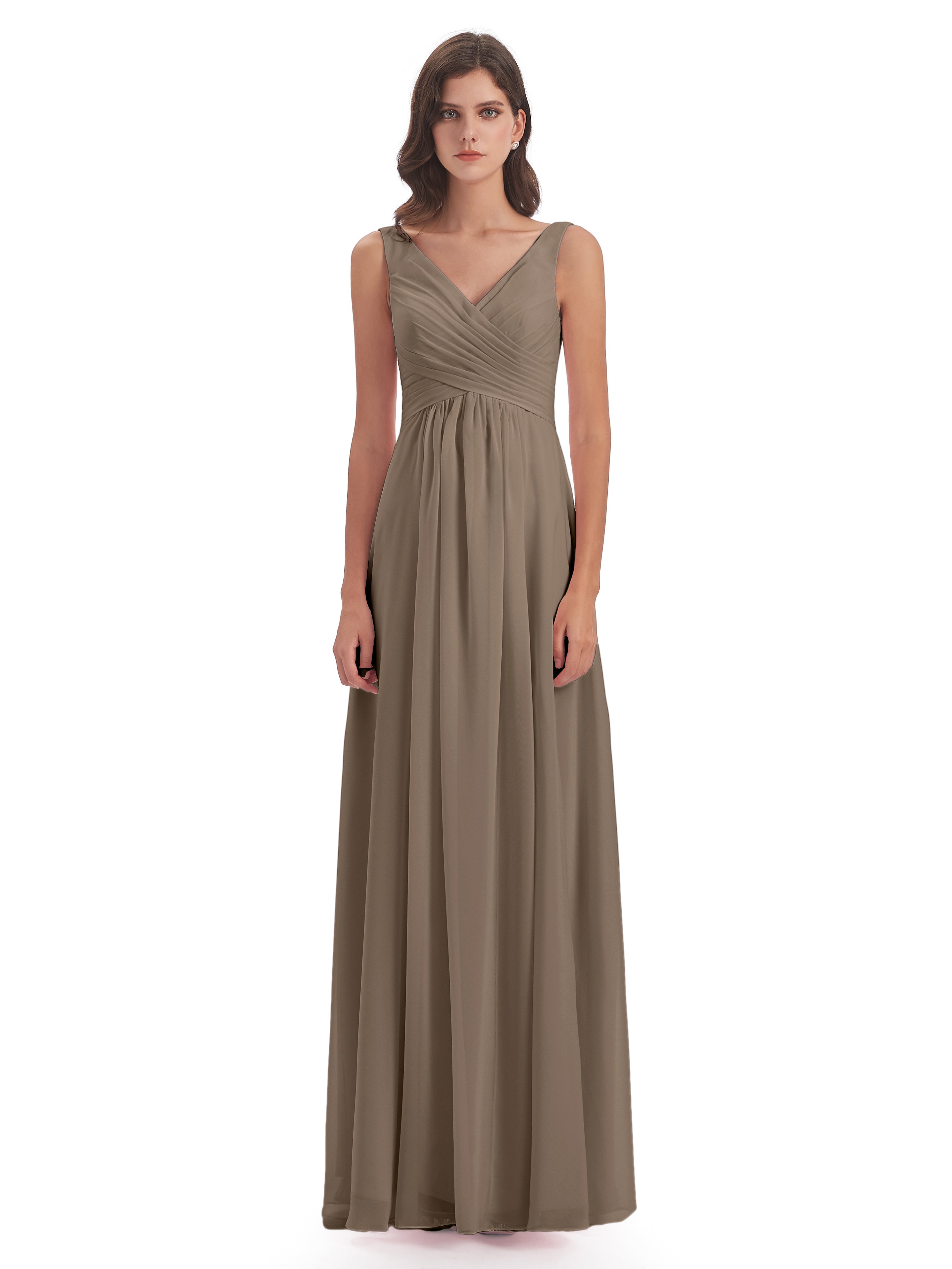 Robe De Couleur Taupe Col V Fendue Mousseline Robes Demoiselle D'Honneur