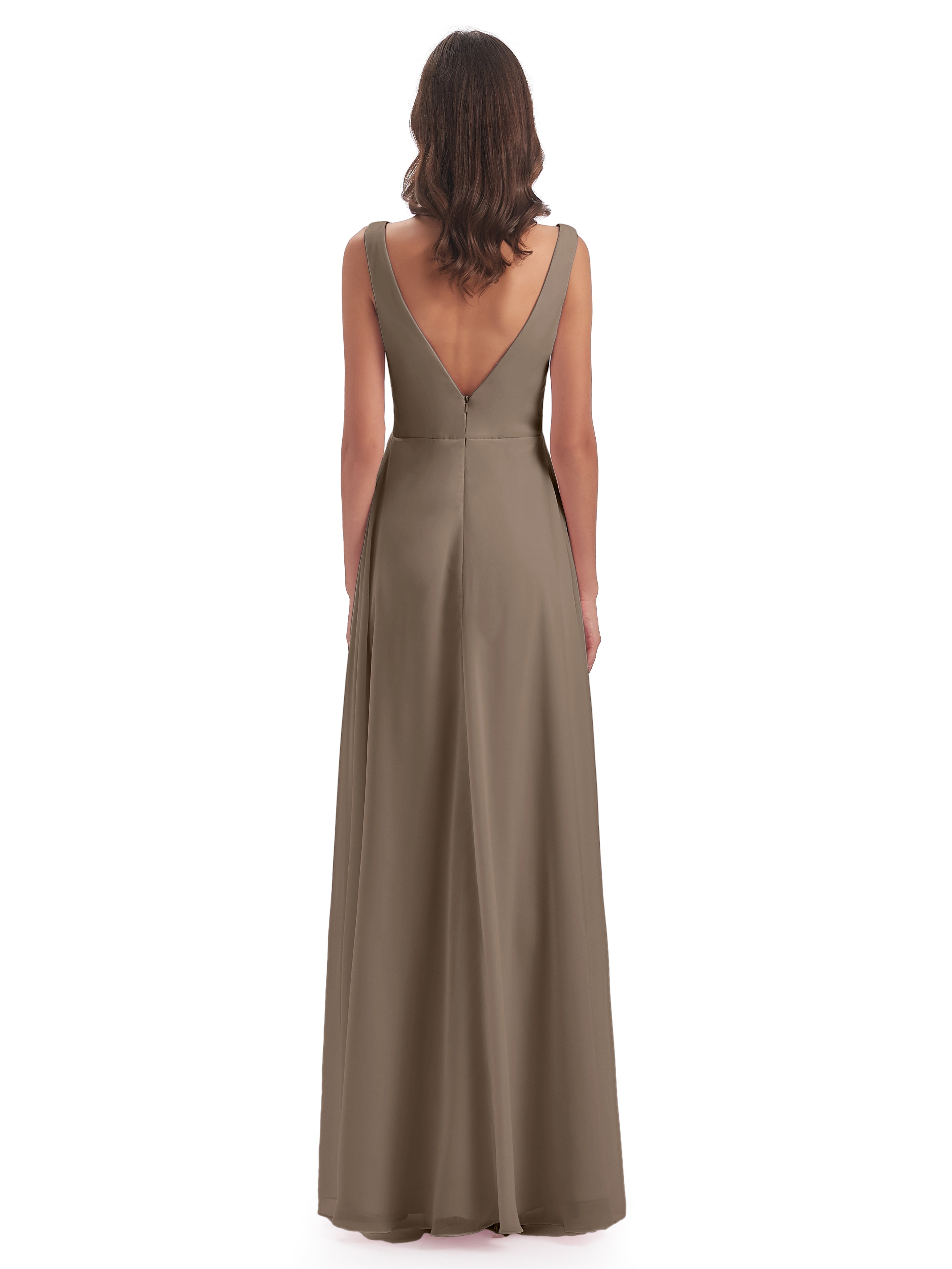 Robe De Couleur Taupe Col V Fendue Mousseline Robes Demoiselle D'Honneur