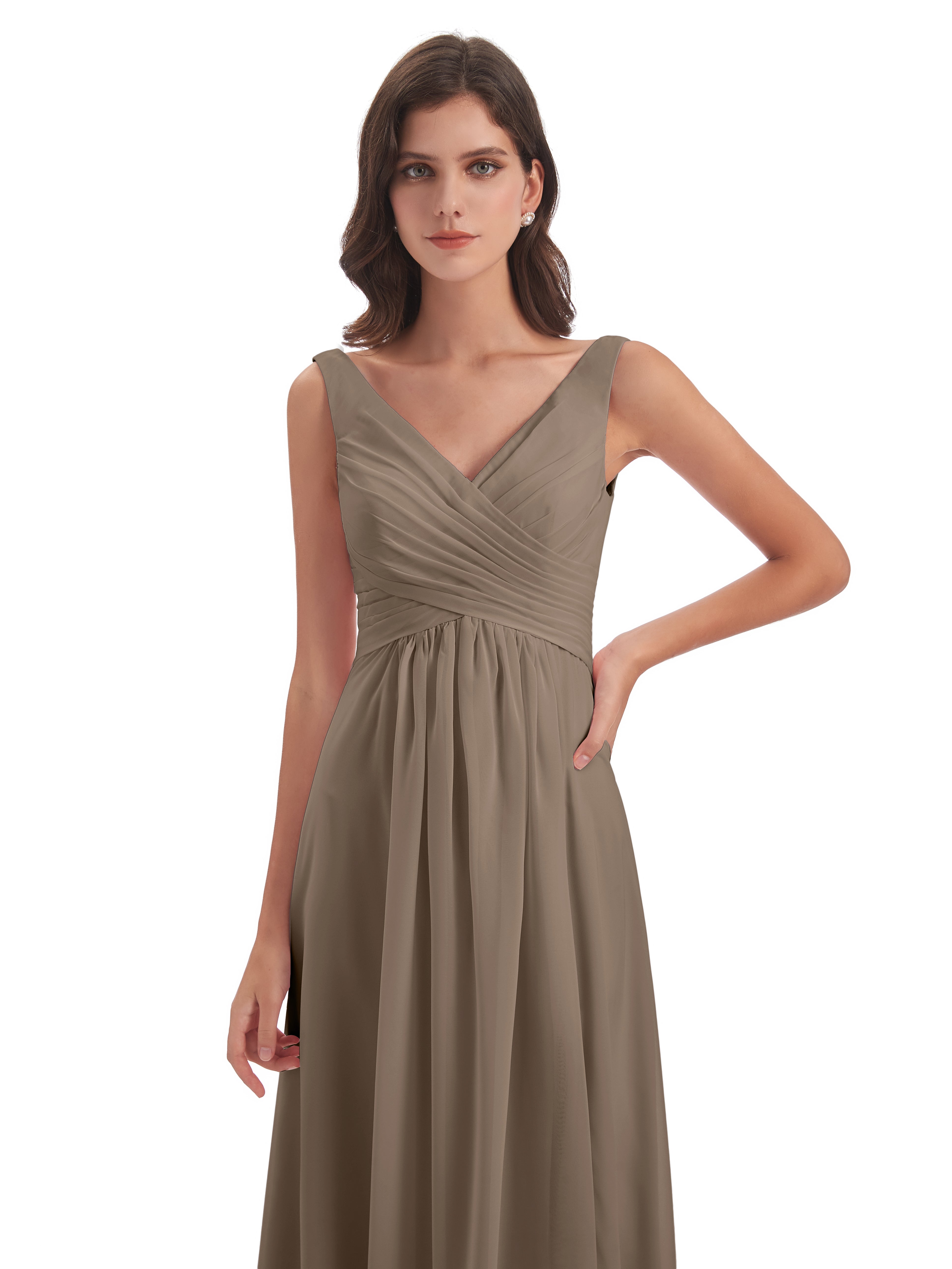 Robe De Couleur Taupe Col V Fendue Mousseline Robes Demoiselle D'Honneur