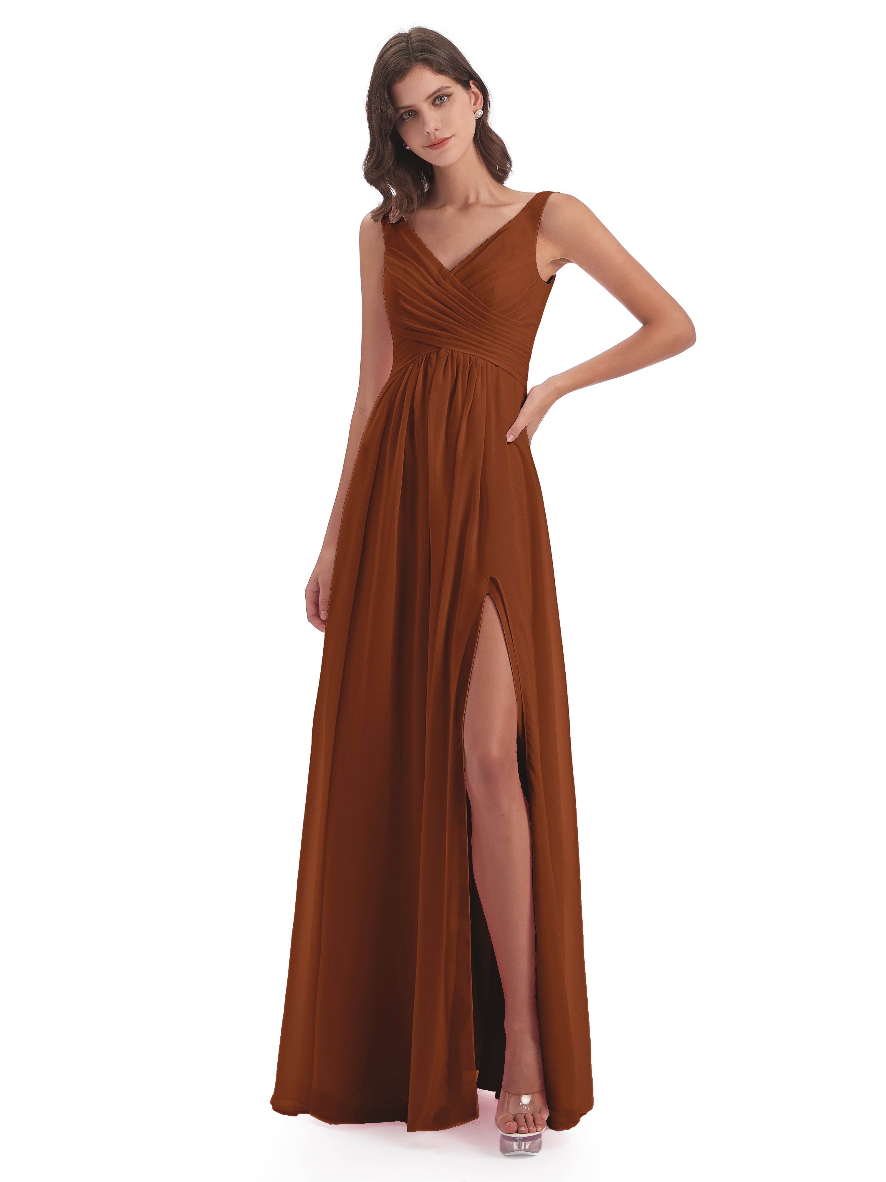 Robe Terracotta Demoiselle D Honneur Col V Fendue Mousseline Robes Demoiselle D'Honneur