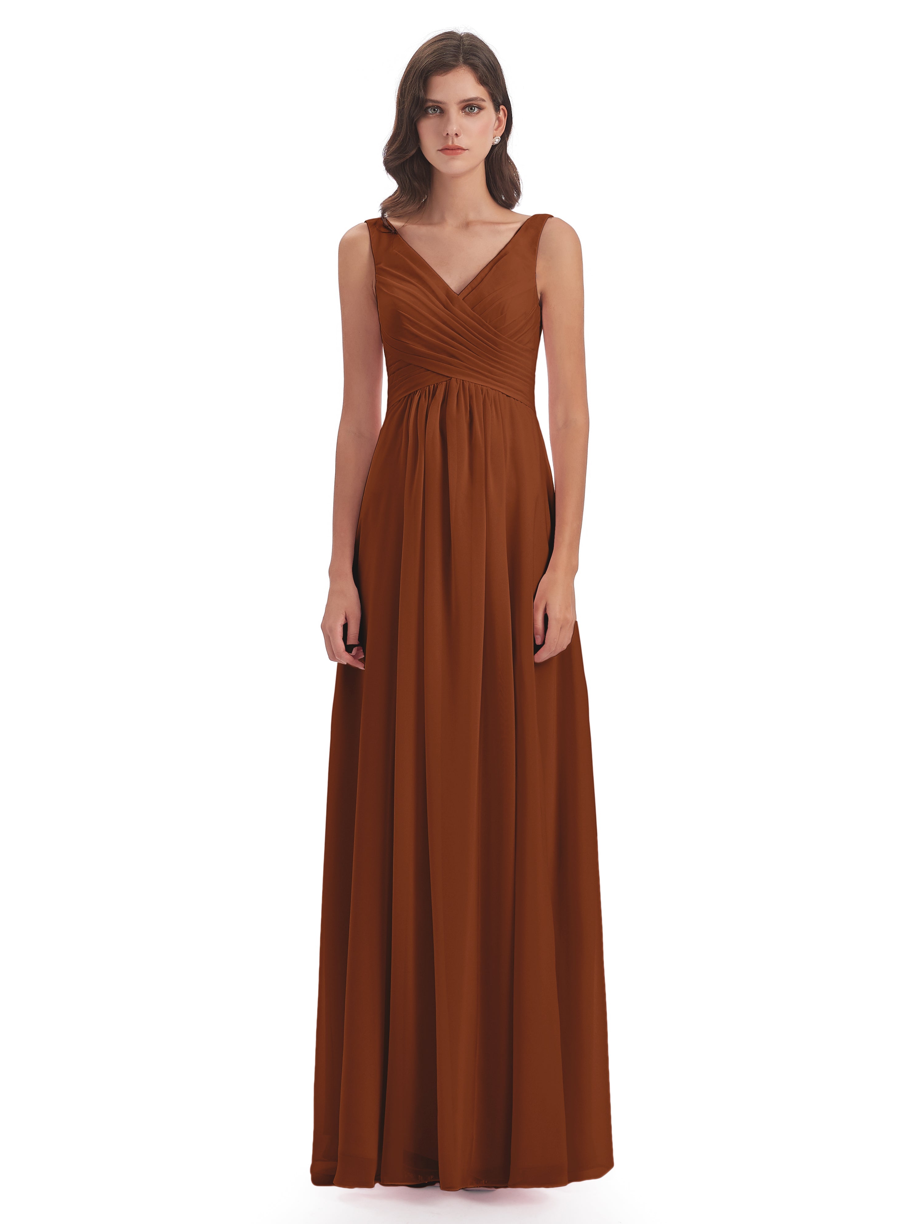 Robe Terracotta Demoiselle D Honneur Col V Fendue Mousseline Robes Demoiselle D'Honneur