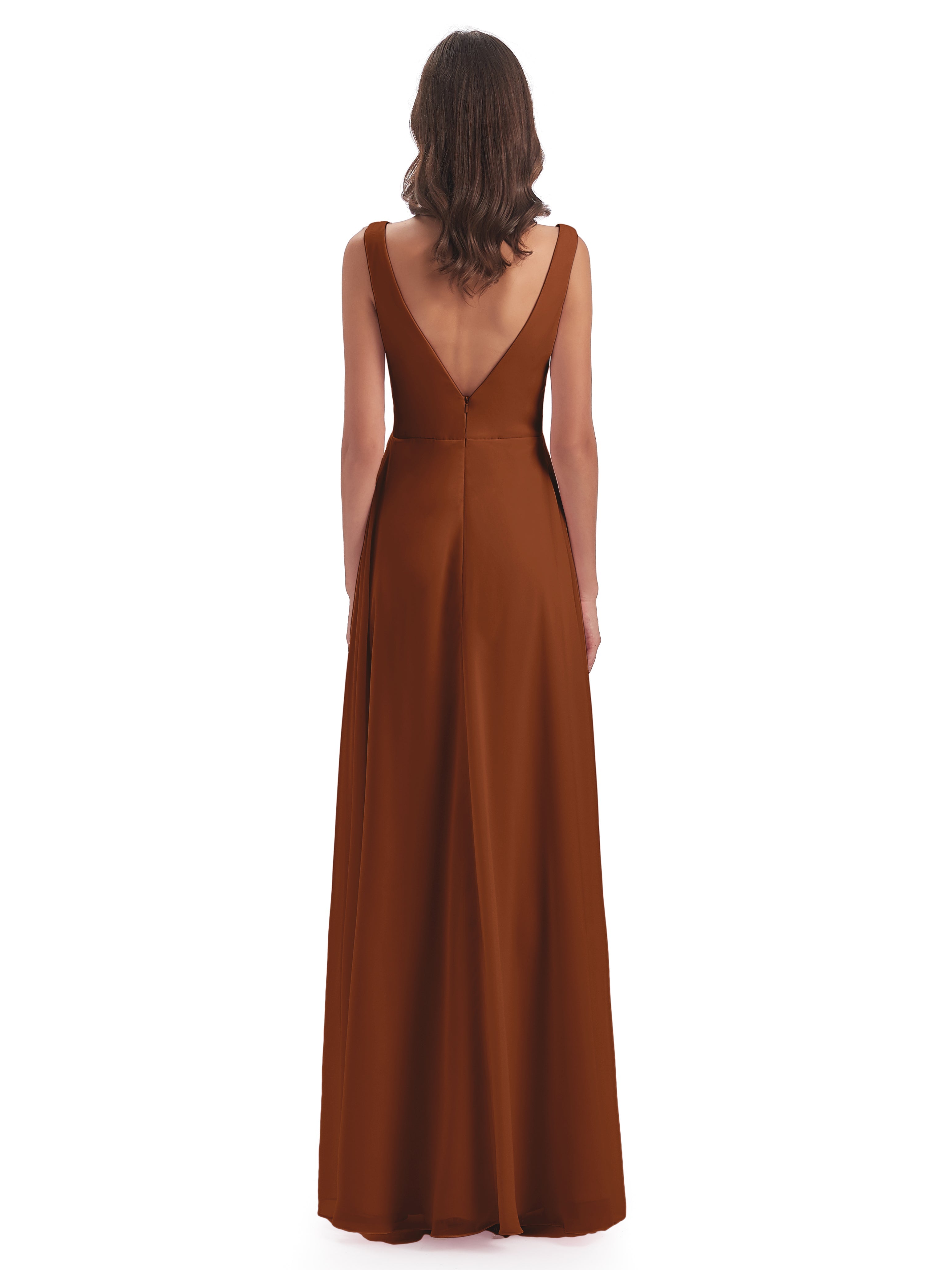 Robe Terracotta Demoiselle D Honneur Col V Fendue Mousseline Robes Demoiselle D'Honneur