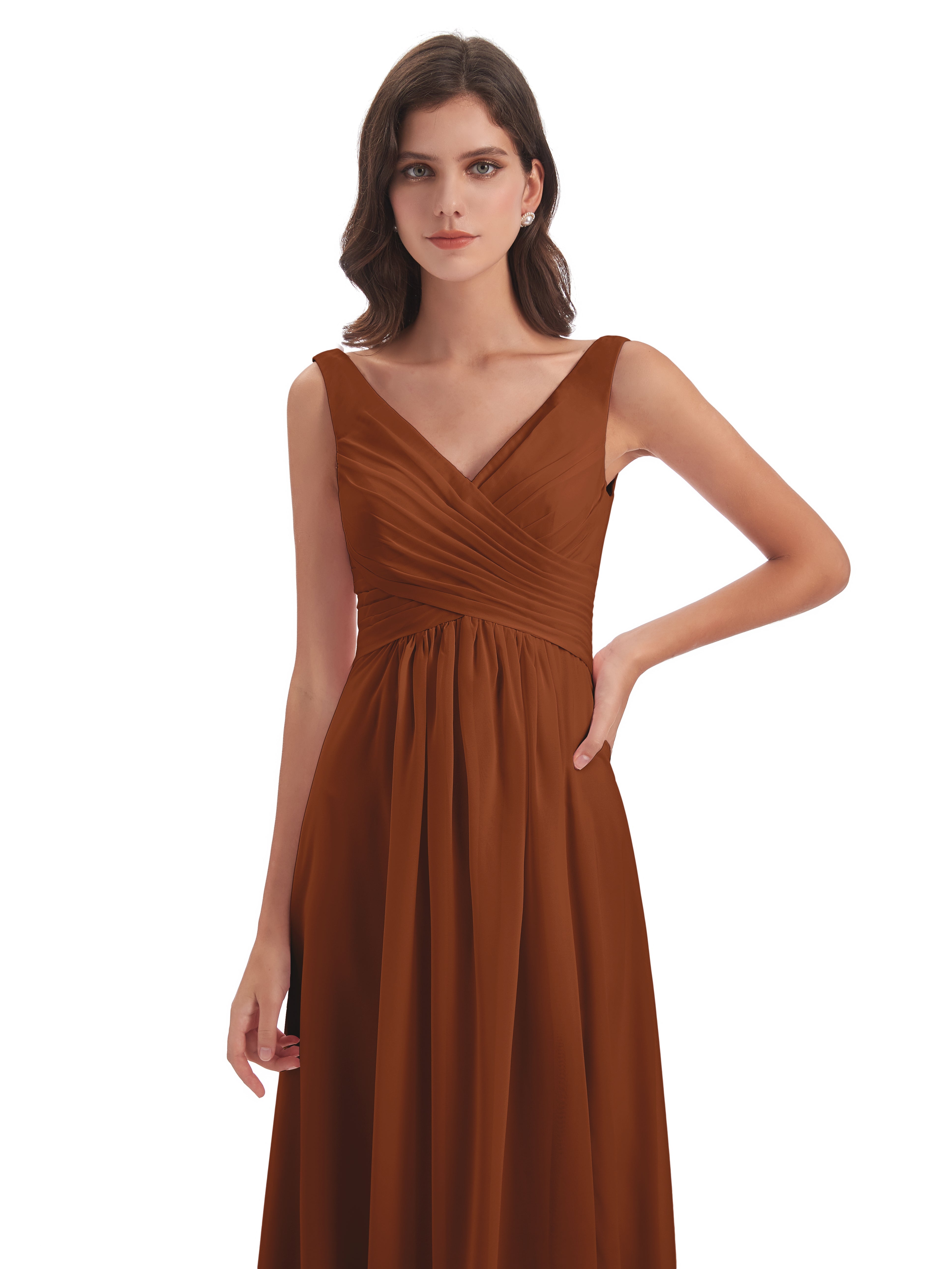 Robe Terracotta Demoiselle D Honneur Col V Fendue Mousseline Robes Demoiselle D'Honneur