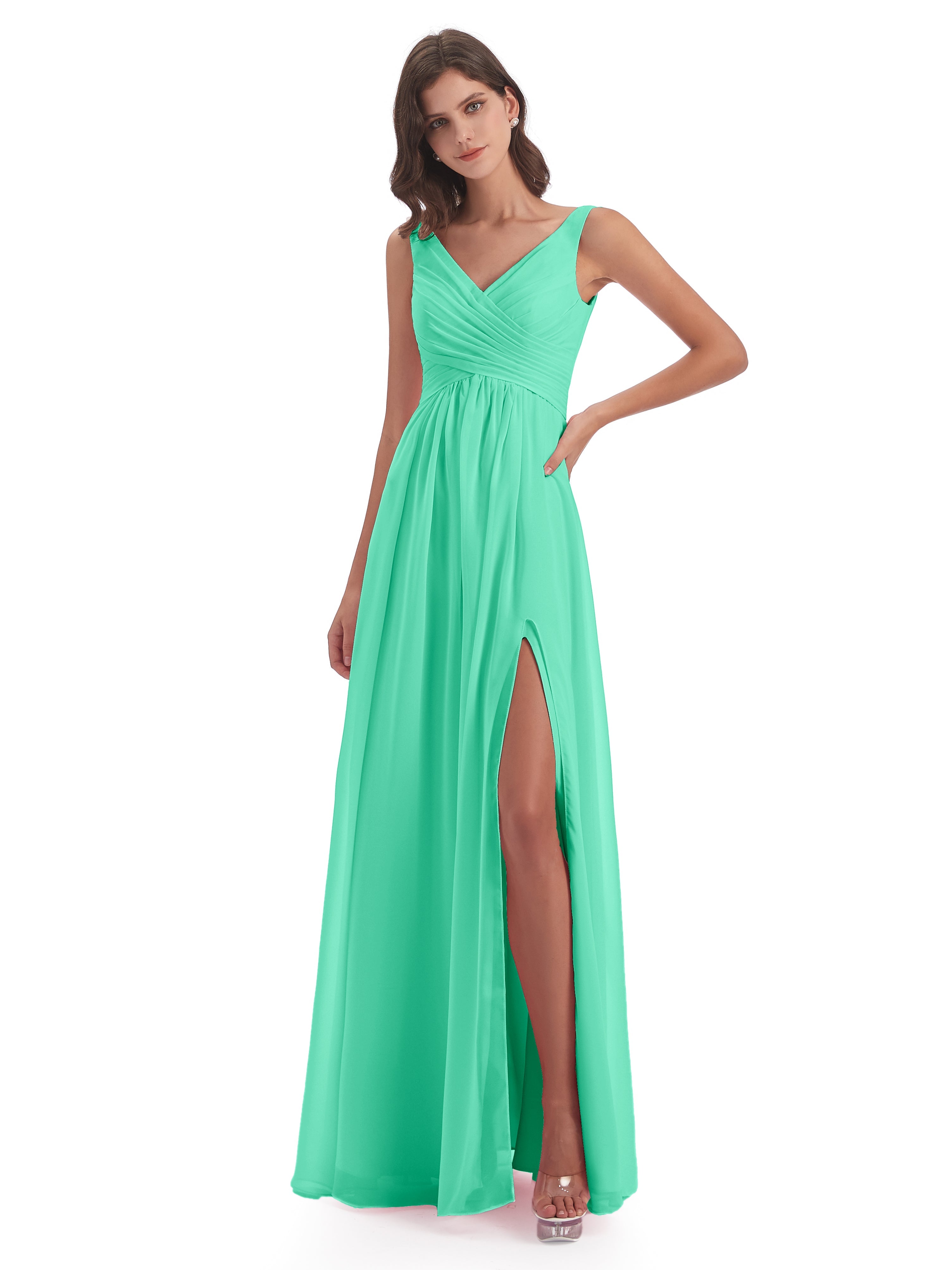 Robe Demoiselle D Honneur Bleu Turquoise Col V Fendue Mousseline Robes Demoiselle D'Honneur
