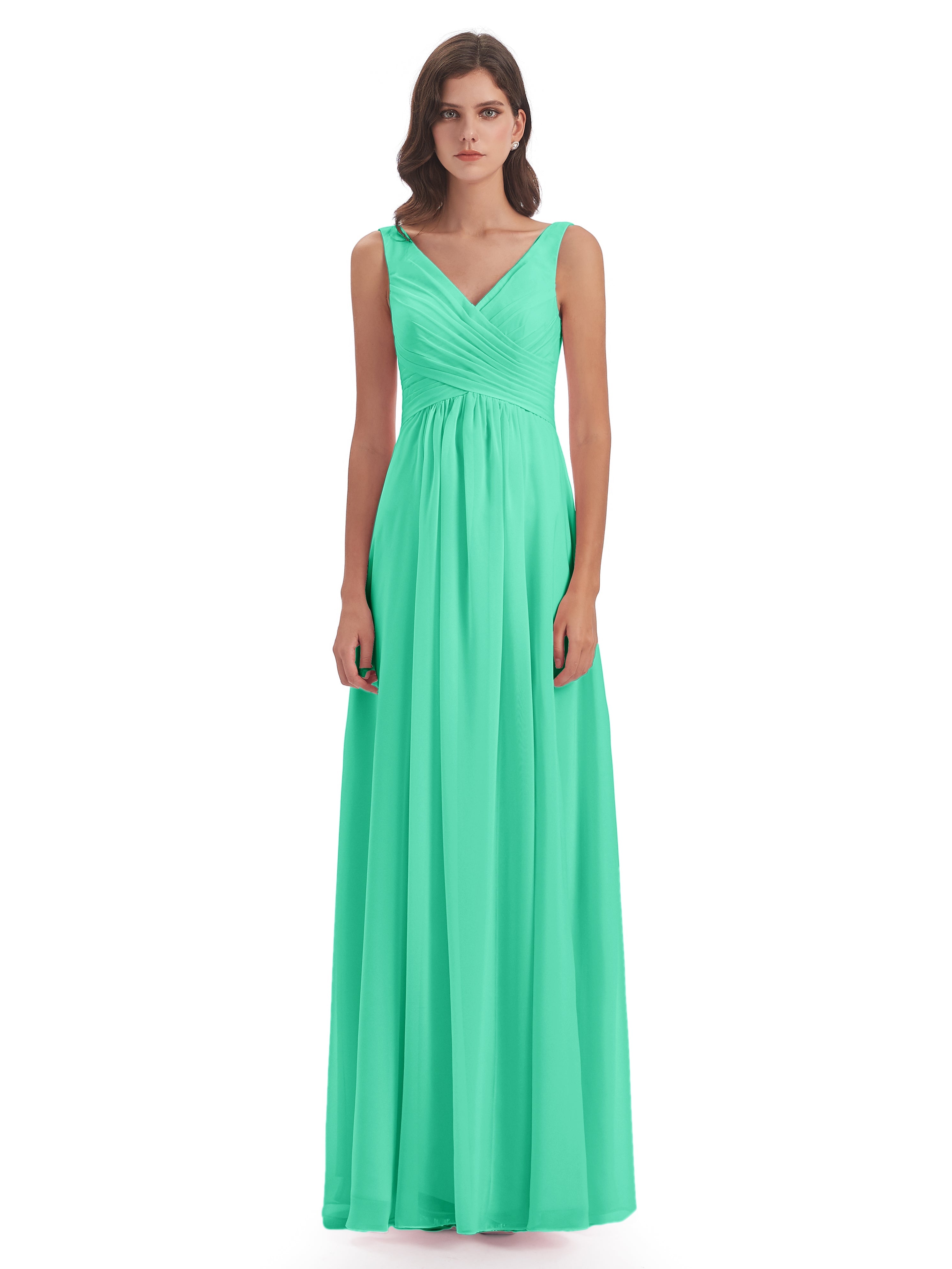 Robe Demoiselle D Honneur Bleu Turquoise Col V Fendue Mousseline Robes Demoiselle D'Honneur