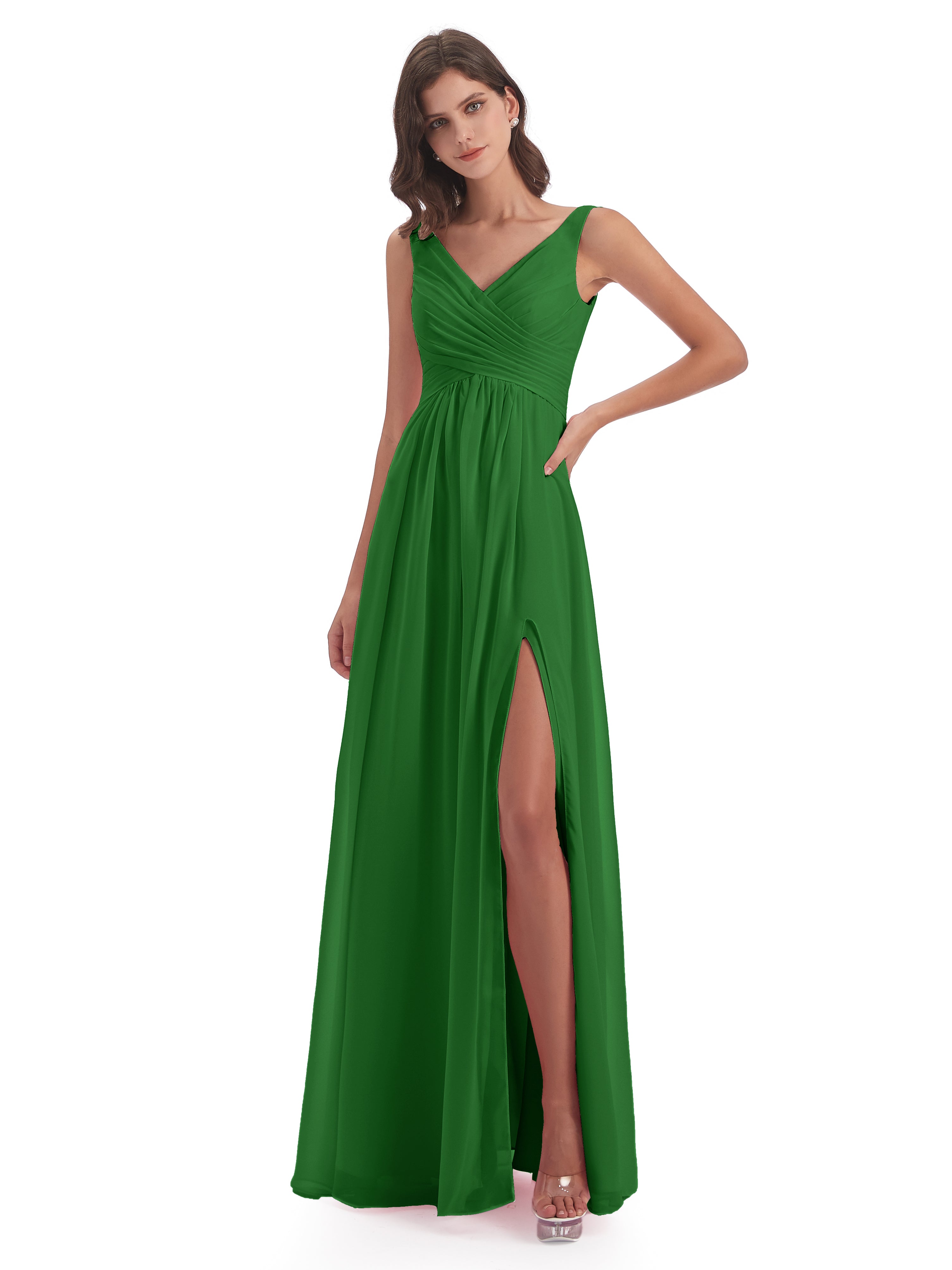 Robe Demoiselle Dhonneur Verte Col V Fendue Mousseline Robes Demoiselle D'Honneur