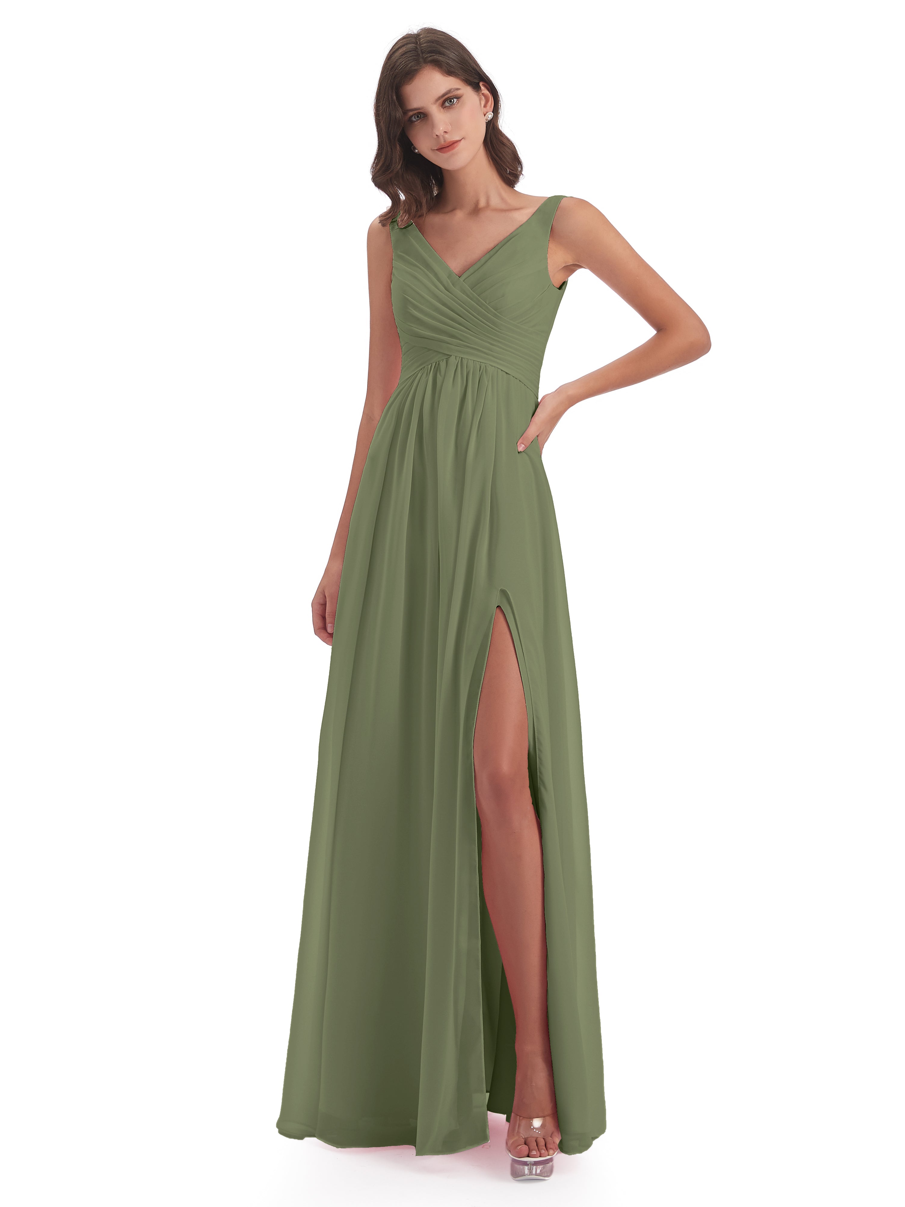 Robe Demoiselle D Honneur Vert Olive Col V Fendue Mousseline Robes Demoiselle D'Honneur
