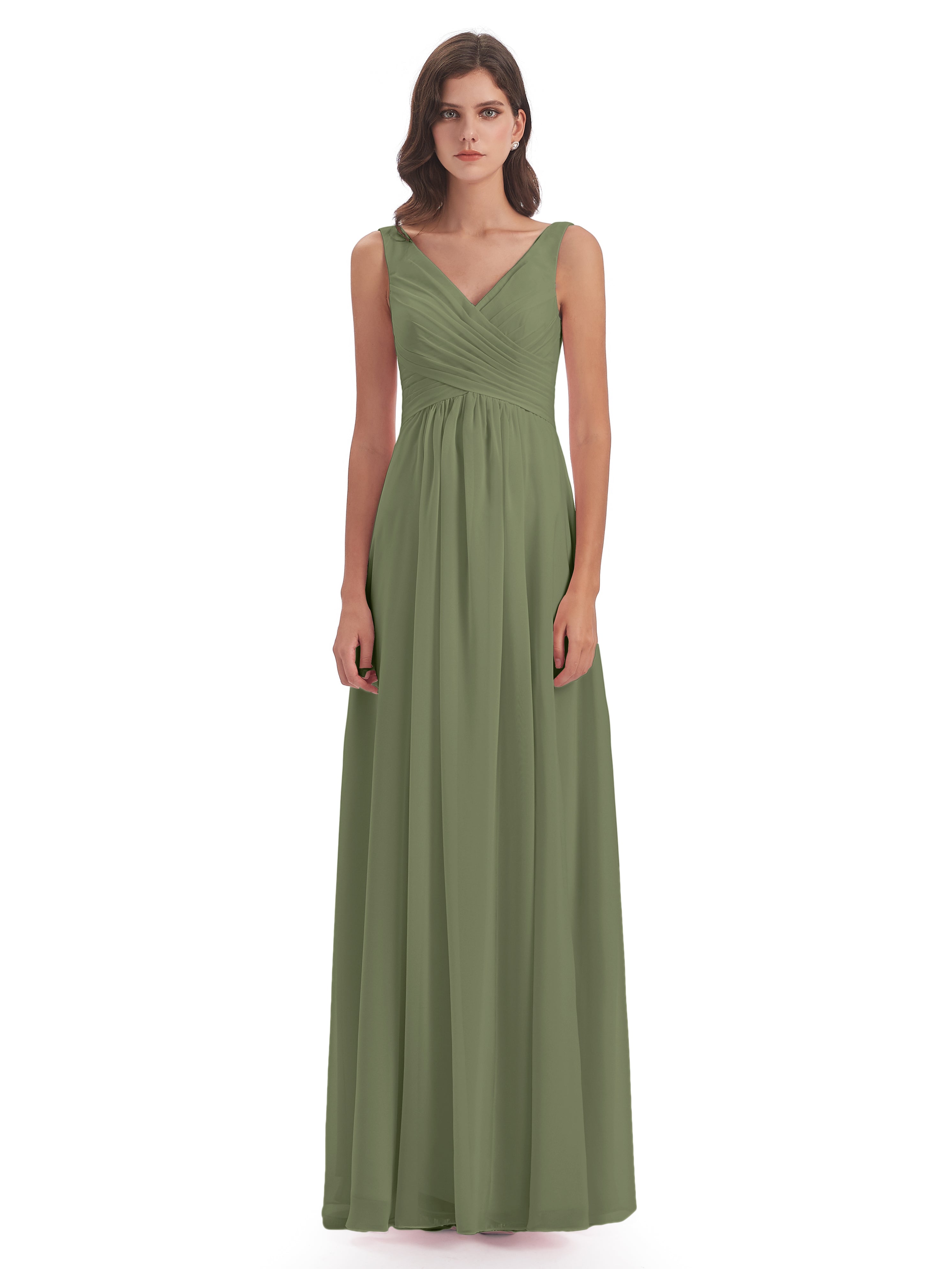 Robe Demoiselle D Honneur Vert Olive Col V Fendue Mousseline Robes Demoiselle D'Honneur