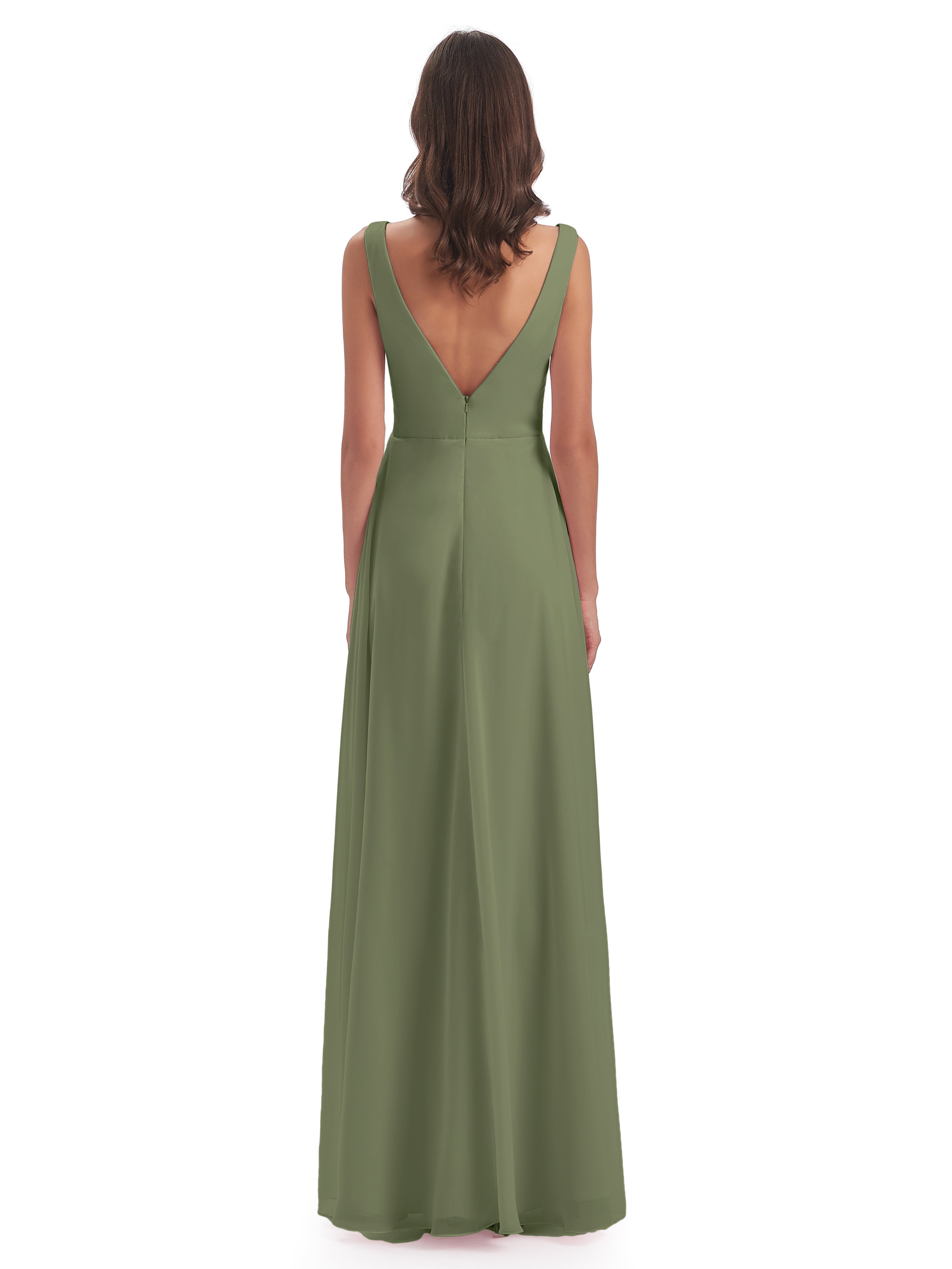 Robe Demoiselle D Honneur Vert Olive Col V Fendue Mousseline Robes Demoiselle D'Honneur