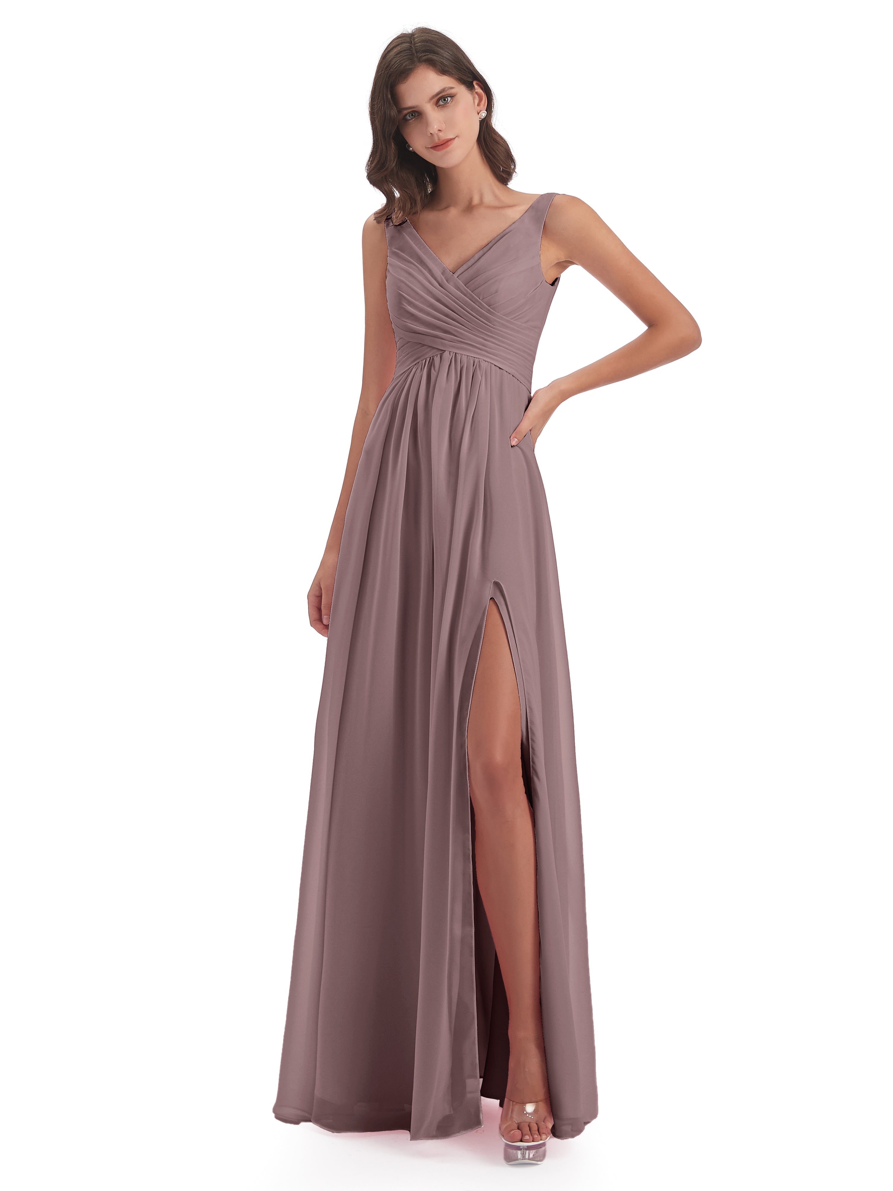 Robes De Demoiselle D'Honneur Vintage Mauve Col V Fendue Mousseline Robes Demoiselle D'Honneur