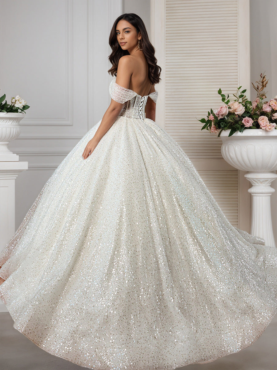 Cicinia Robe de Mariée A-Line en Tulle à Paillettes Épaules Dénudées Taille Transparente Époustouflante