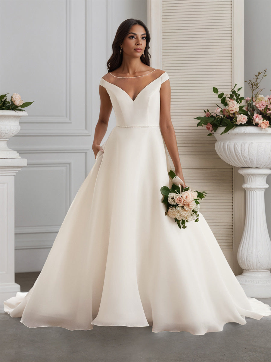 Cicinia Ivoire Robe de Mariée A-Line Encolure Illusion Manches Capelines avec Traîne Balayée