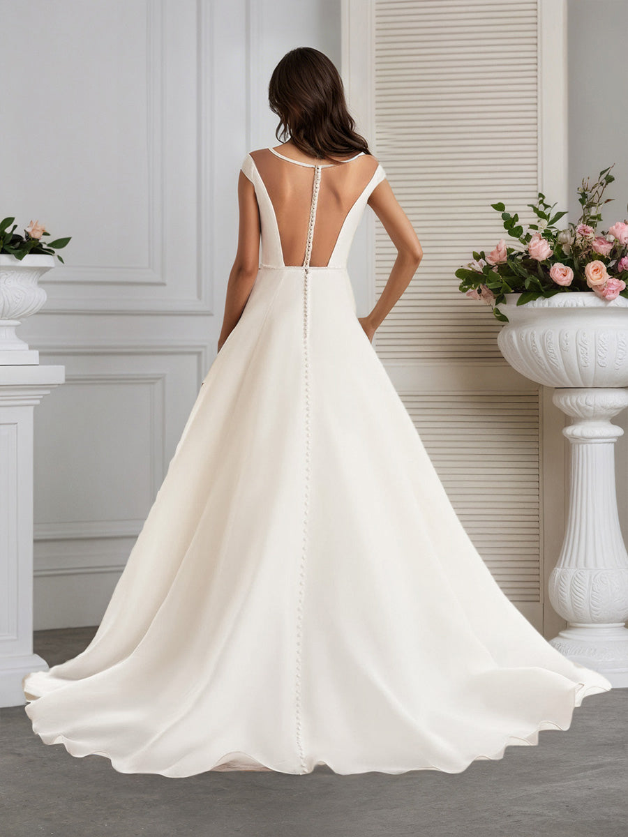 Cicinia Ivoire Robe de Mariée A-Line Encolure Illusion Manches Capelines avec Traîne Balayée