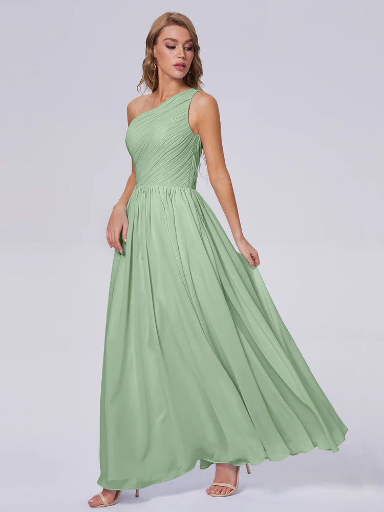 Robe De Demoiselle D'Honneur De Sauge Poussiéreuse Au Sol Seule-Épaule Mousseline Robes Demoiselle D'Honneur