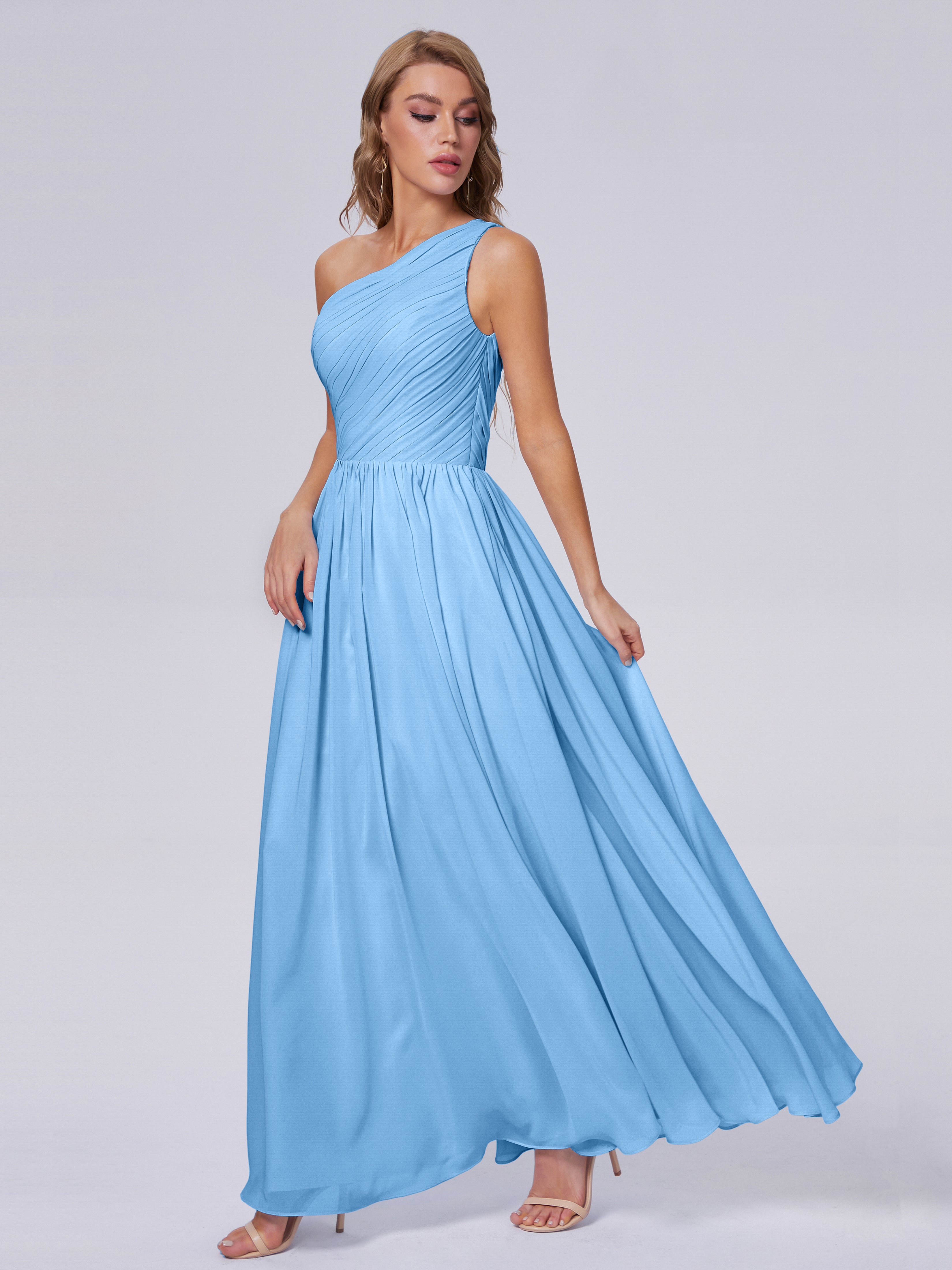 Robe Bleu Demoiselle D Honneur Seule-Épaule Mousseline Robes Demoiselle D'Honneur