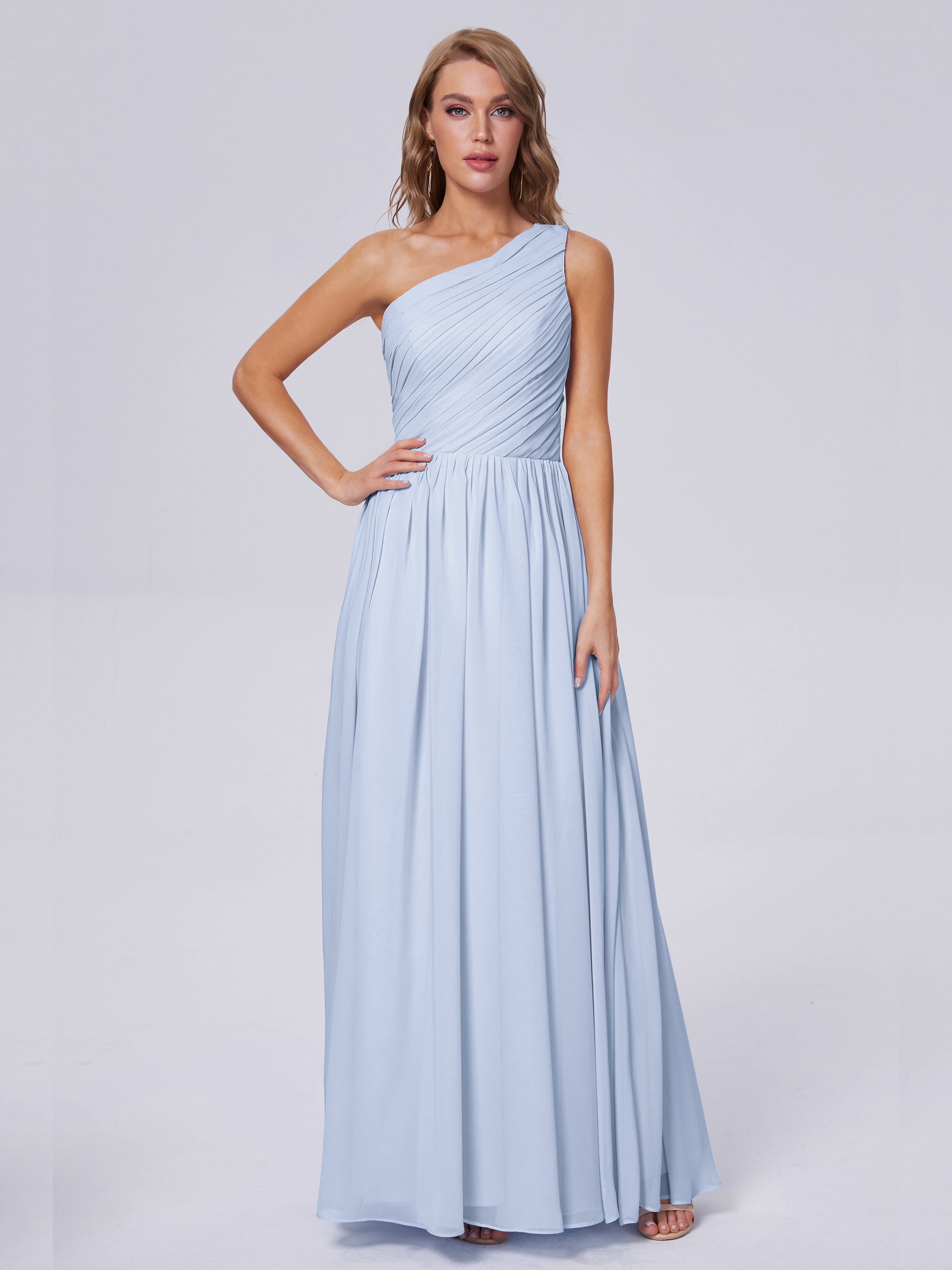 Robe Demoiselle D Honneur Bleue Ciel Seule-Épaule Mousseline Robes Demoiselle D'Honneur