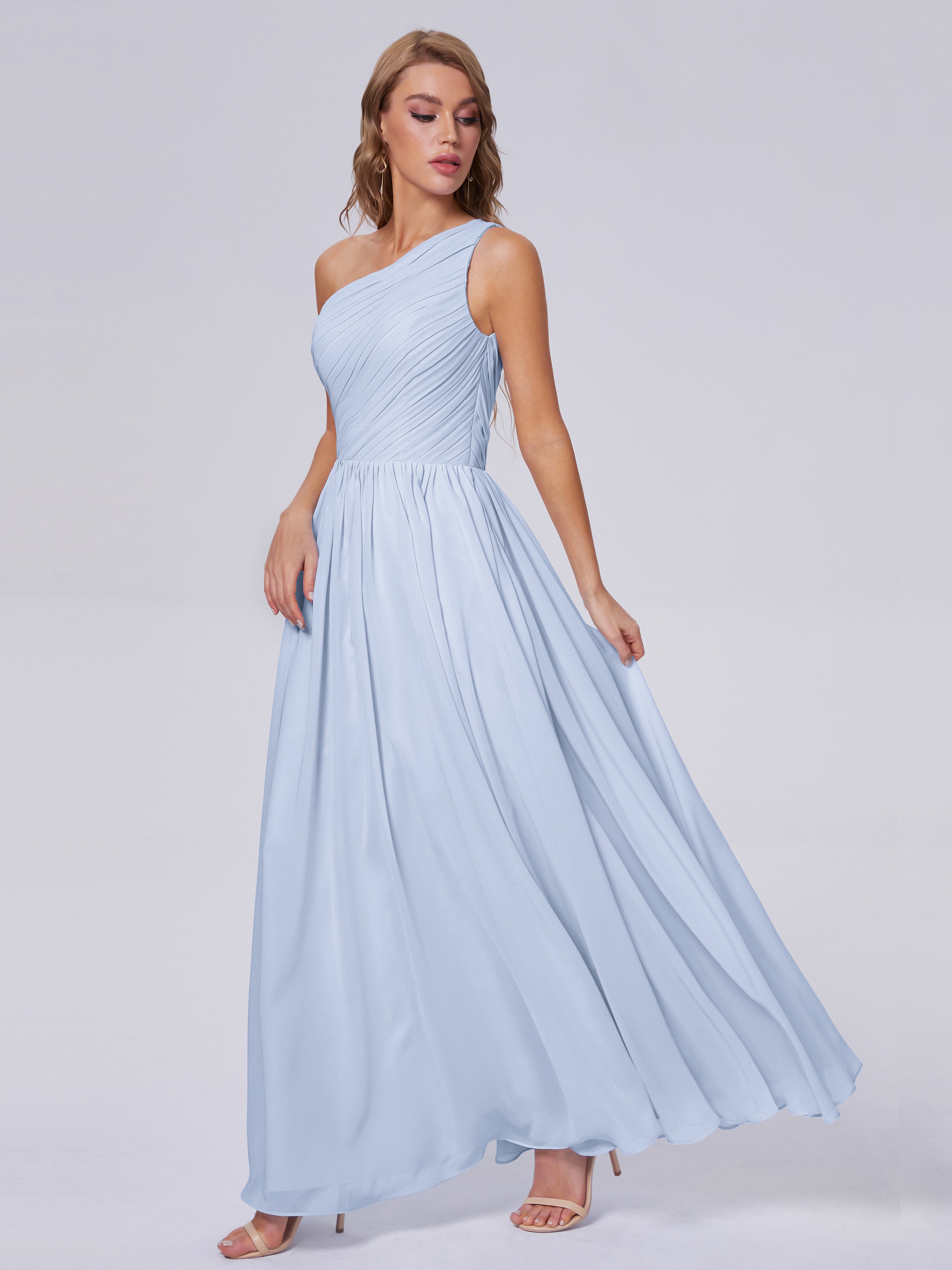 Robe Demoiselle D Honneur Bleue Ciel Seule-Épaule Mousseline Robes Demoiselle D'Honneur