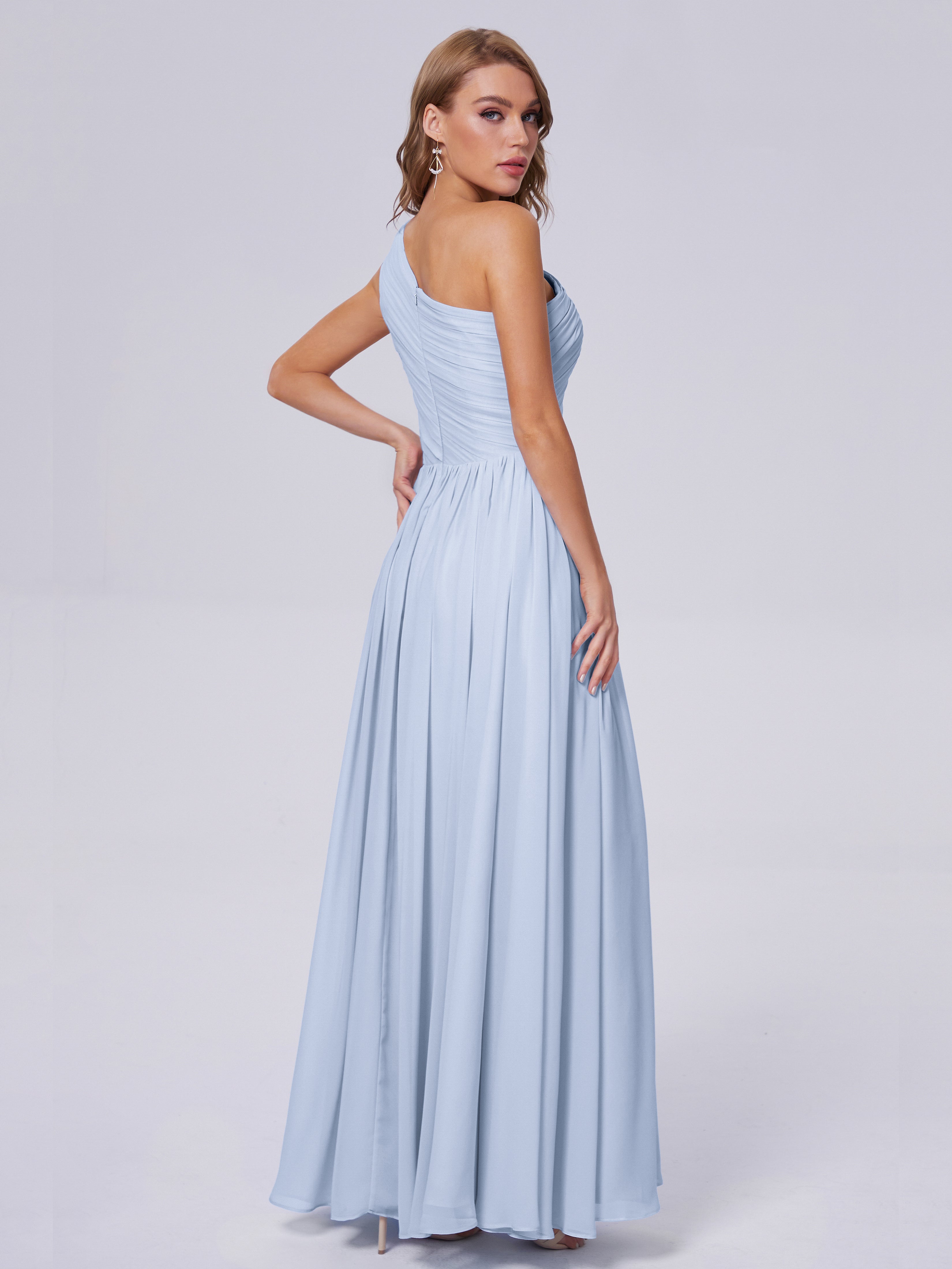 Robe Demoiselle D Honneur Bleue Ciel Seule-Épaule Mousseline Robes Demoiselle D'Honneur