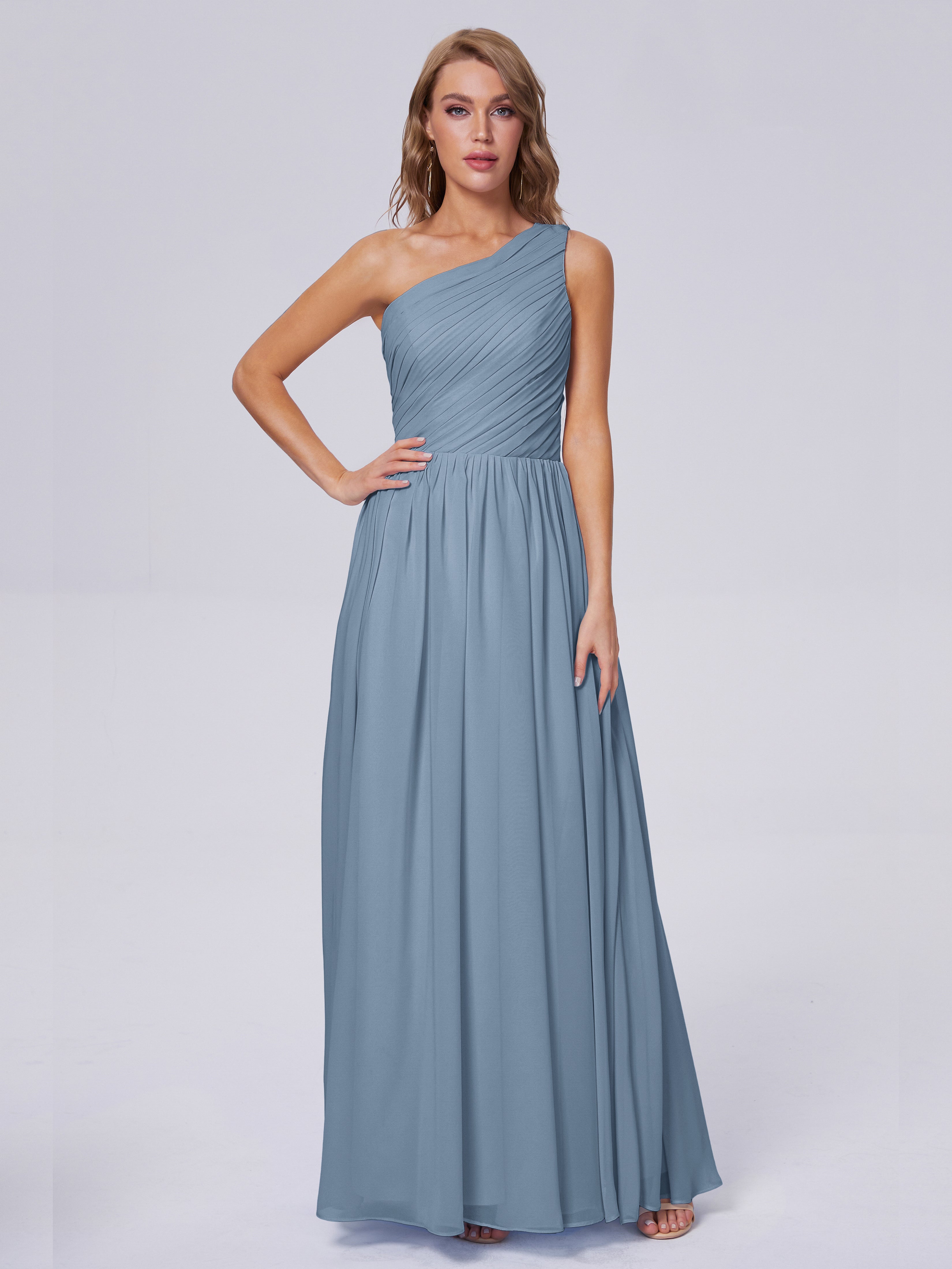 Robes De Demoiselle D'Honneur Bleu De Schiste Seule-Épaule Mousseline Robes Demoiselle D'Honneur