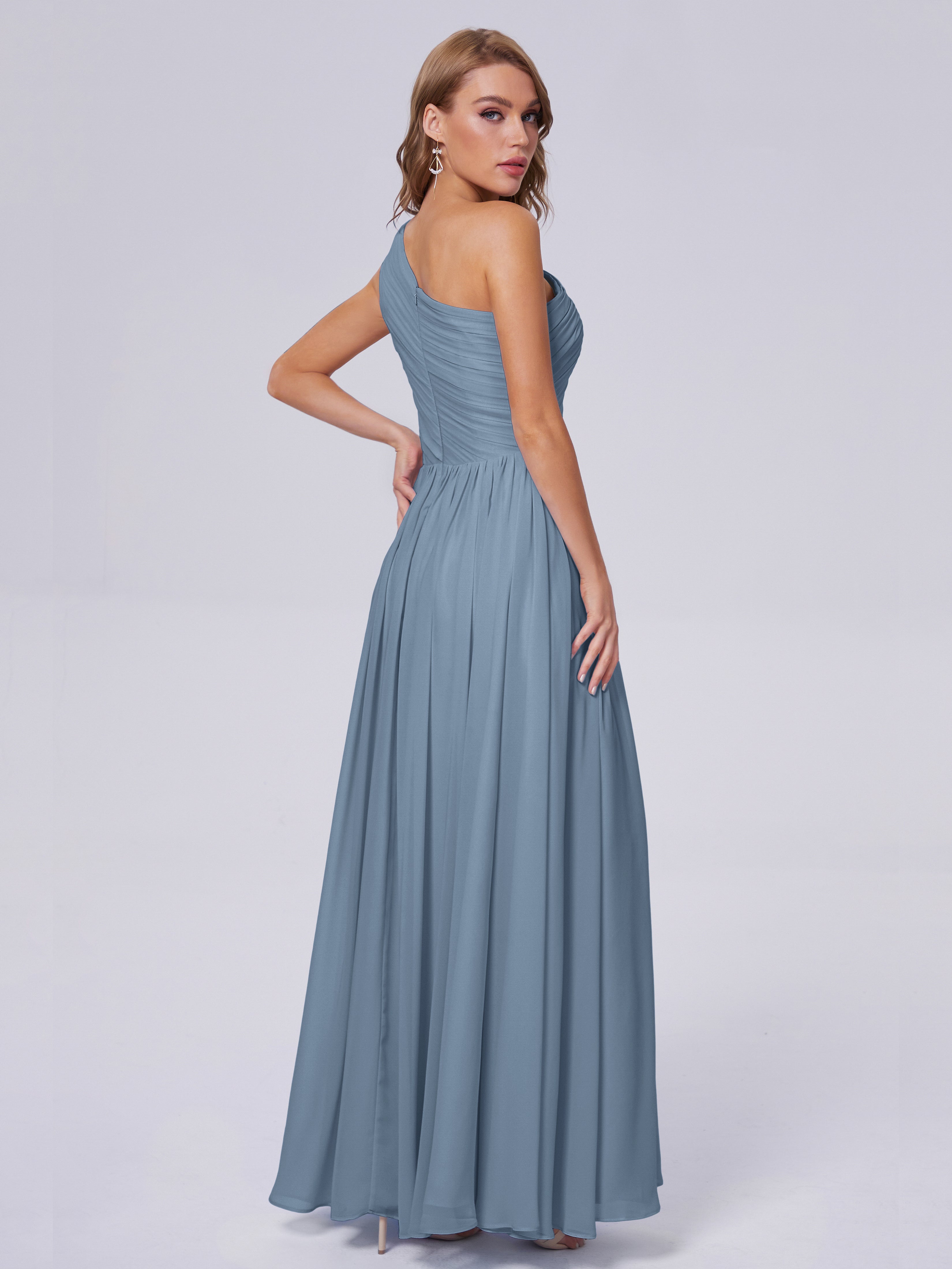 Robes De Demoiselle D'Honneur Bleu De Schiste Seule-Épaule Mousseline Robes Demoiselle D'Honneur