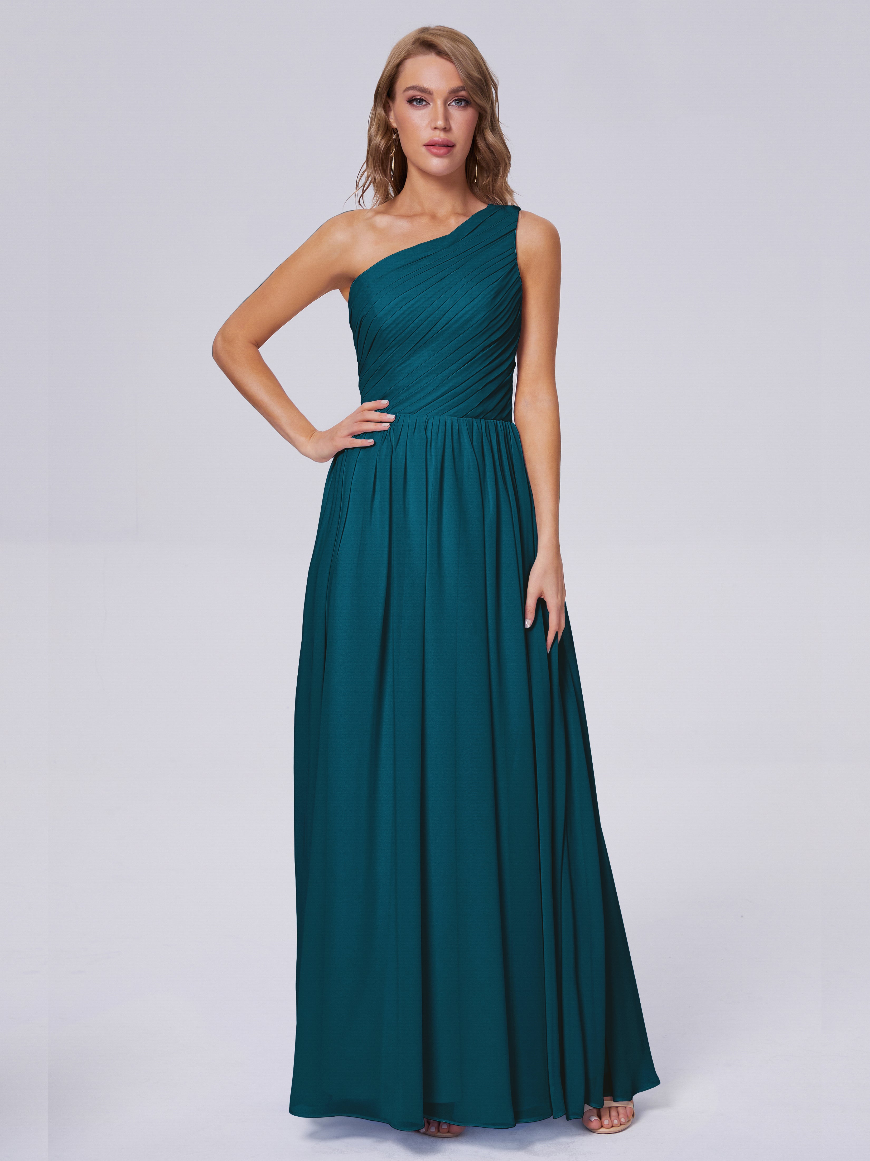Robes De Demoiselle D'Honneur Bleu Encre Seule-Épaule Mousseline Robes Demoiselle D'Honneur