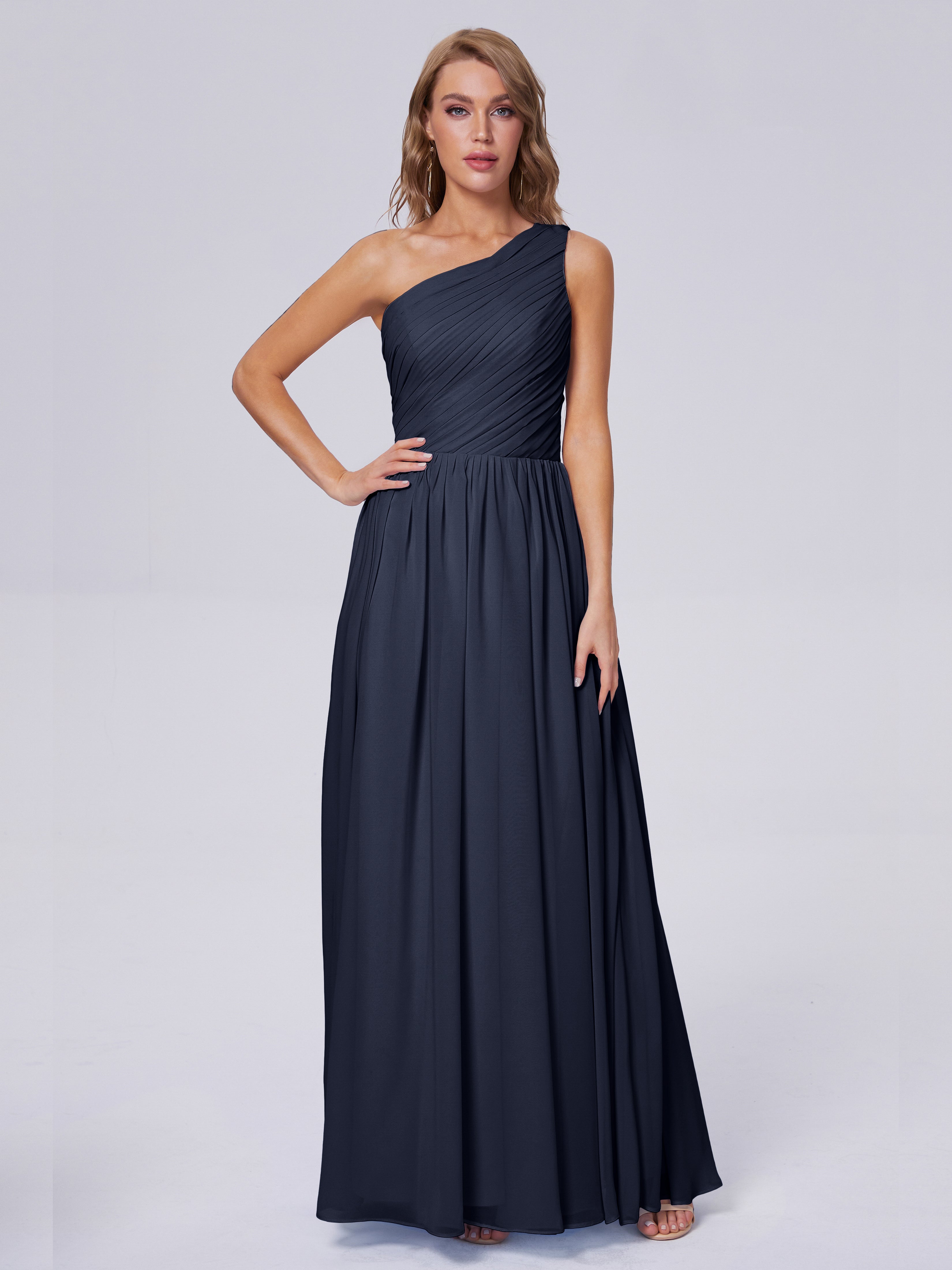 Robes De Demoiselle D'Honneur Bleu Marine Foncé Seule-Épaule Mousseline Robes Demoiselle D'Honneur