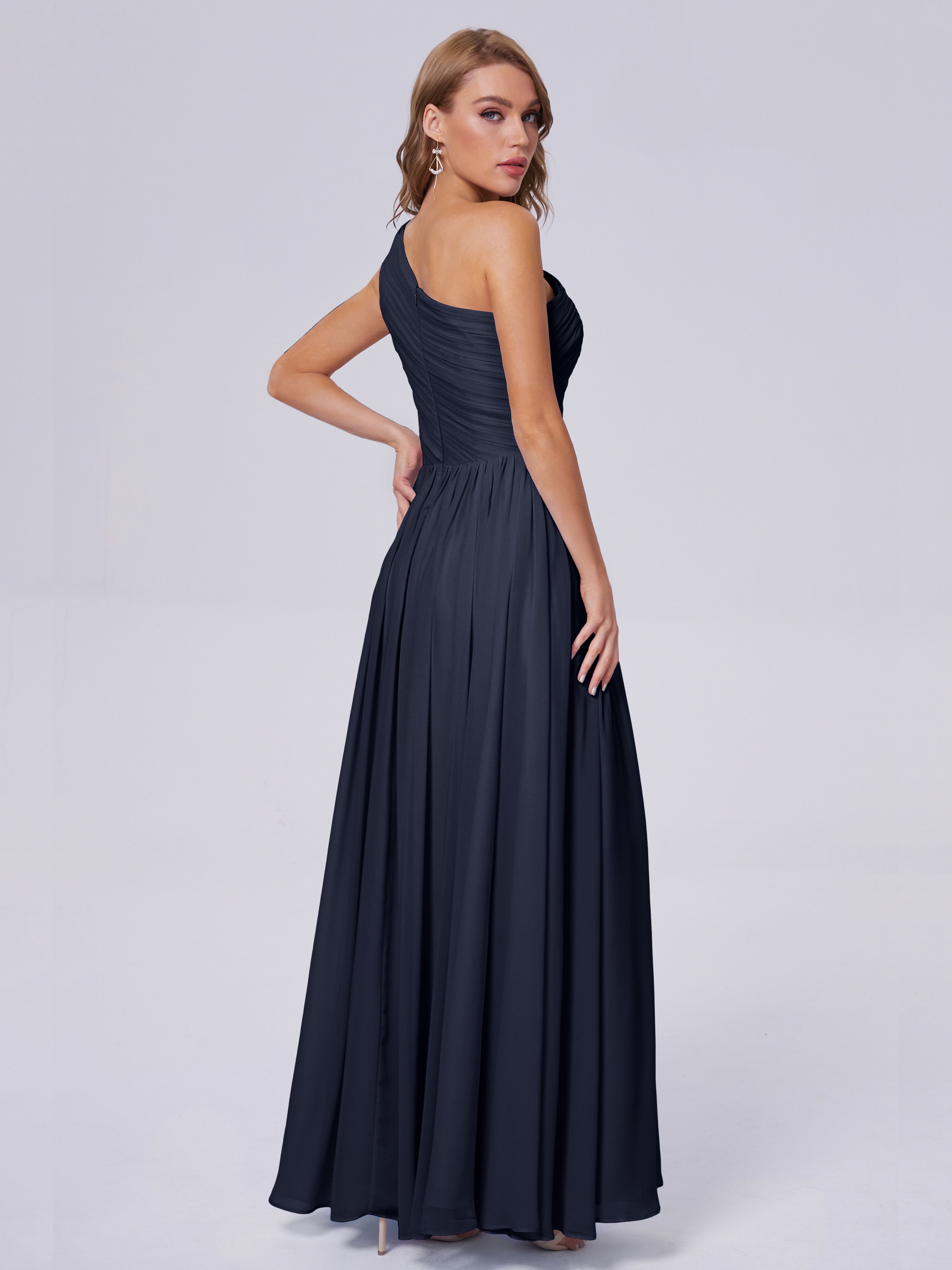 Robes De Demoiselle D'Honneur Bleu Marine Foncé Seule-Épaule Mousseline Robes Demoiselle D'Honneur