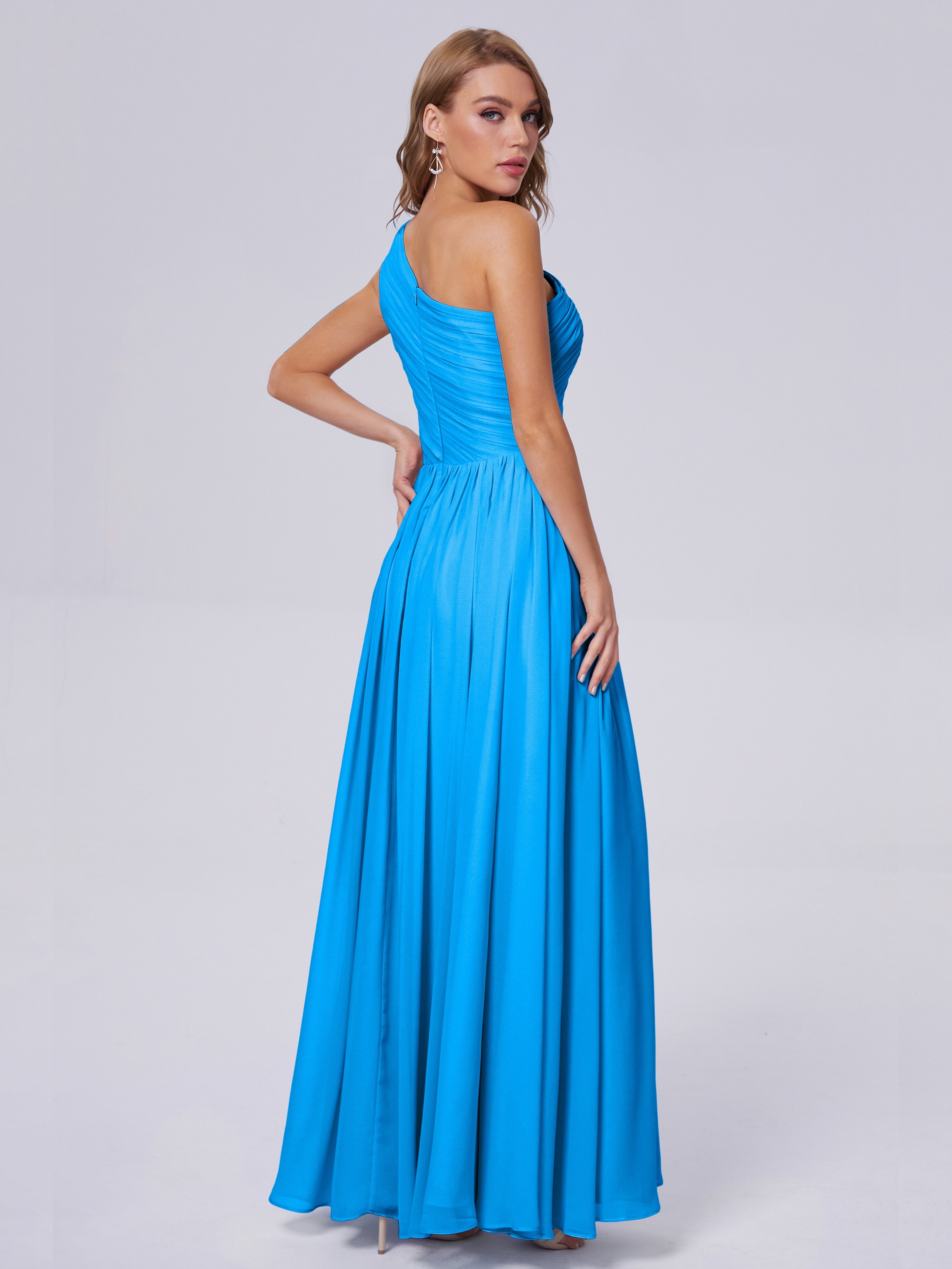 Robes De Demoiselle D'Honneur Bleu Océan Seule-Épaule Mousseline Robes Demoiselle D'Honneur