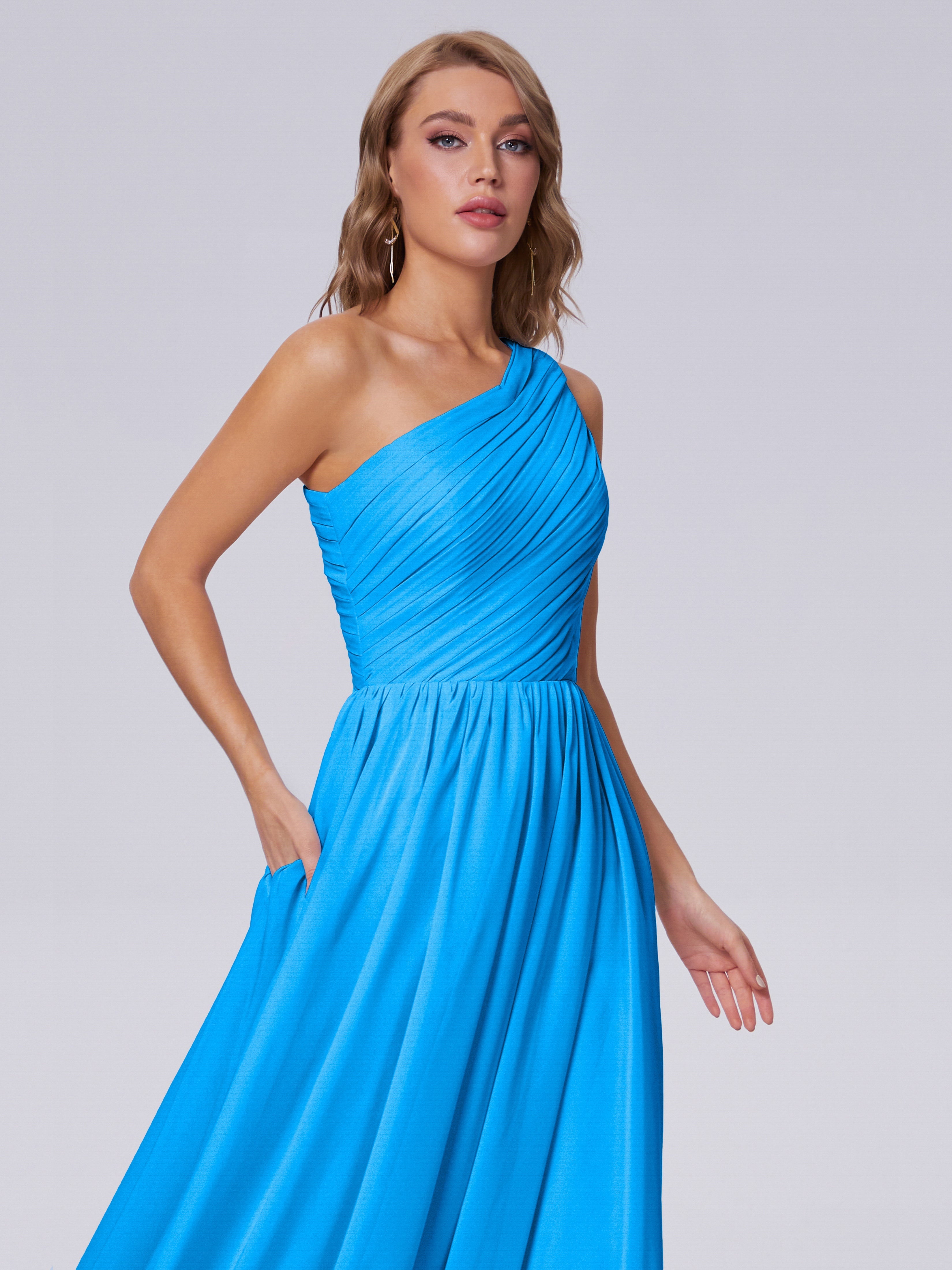 Robes De Demoiselle D'Honneur Bleu Océan Seule-Épaule Mousseline Robes Demoiselle D'Honneur
