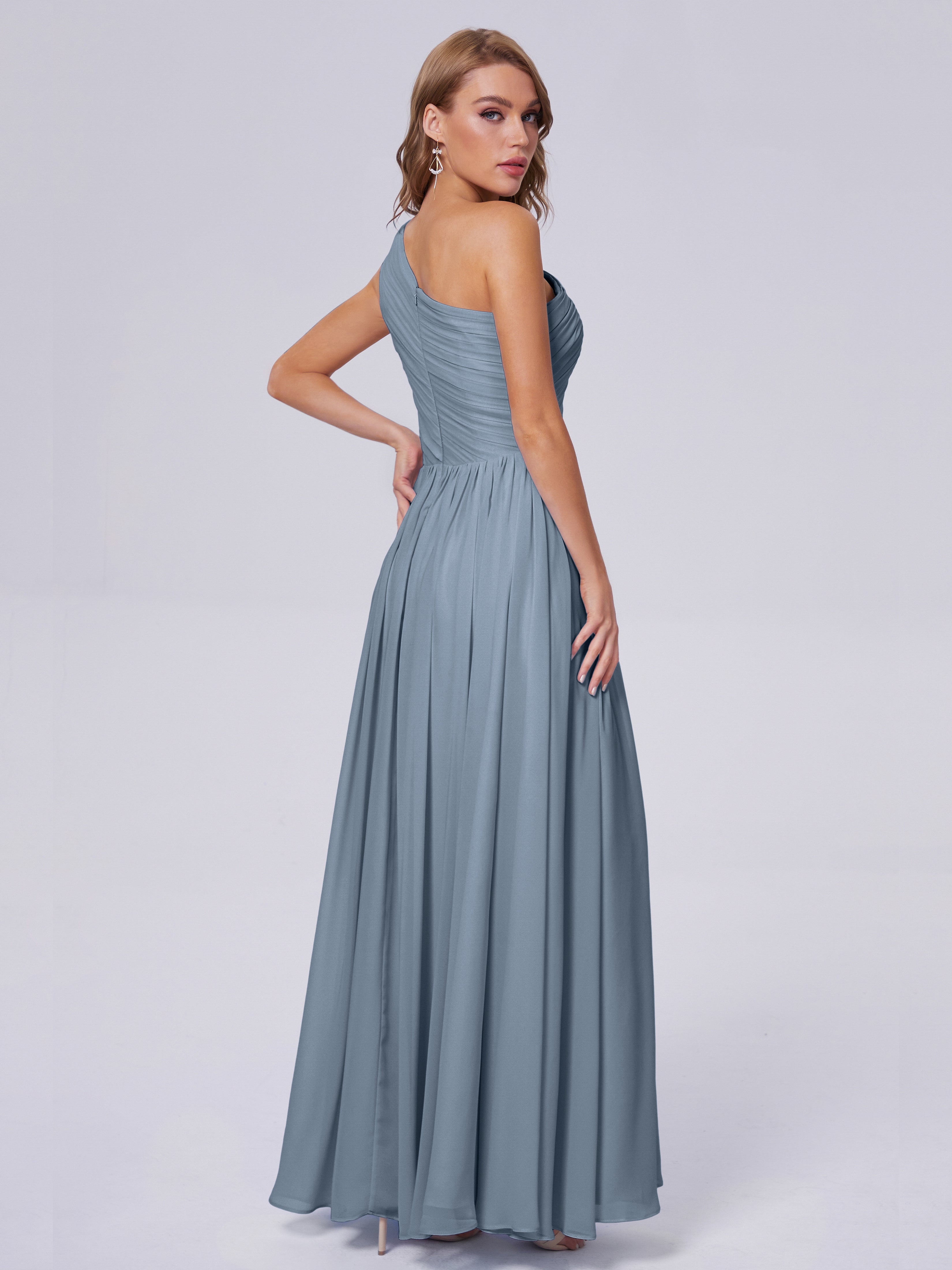Robes De Demoiselle D'Honneur Bleu Gris Seule-Épaule Mousseline Robes Demoiselle D'Honneur