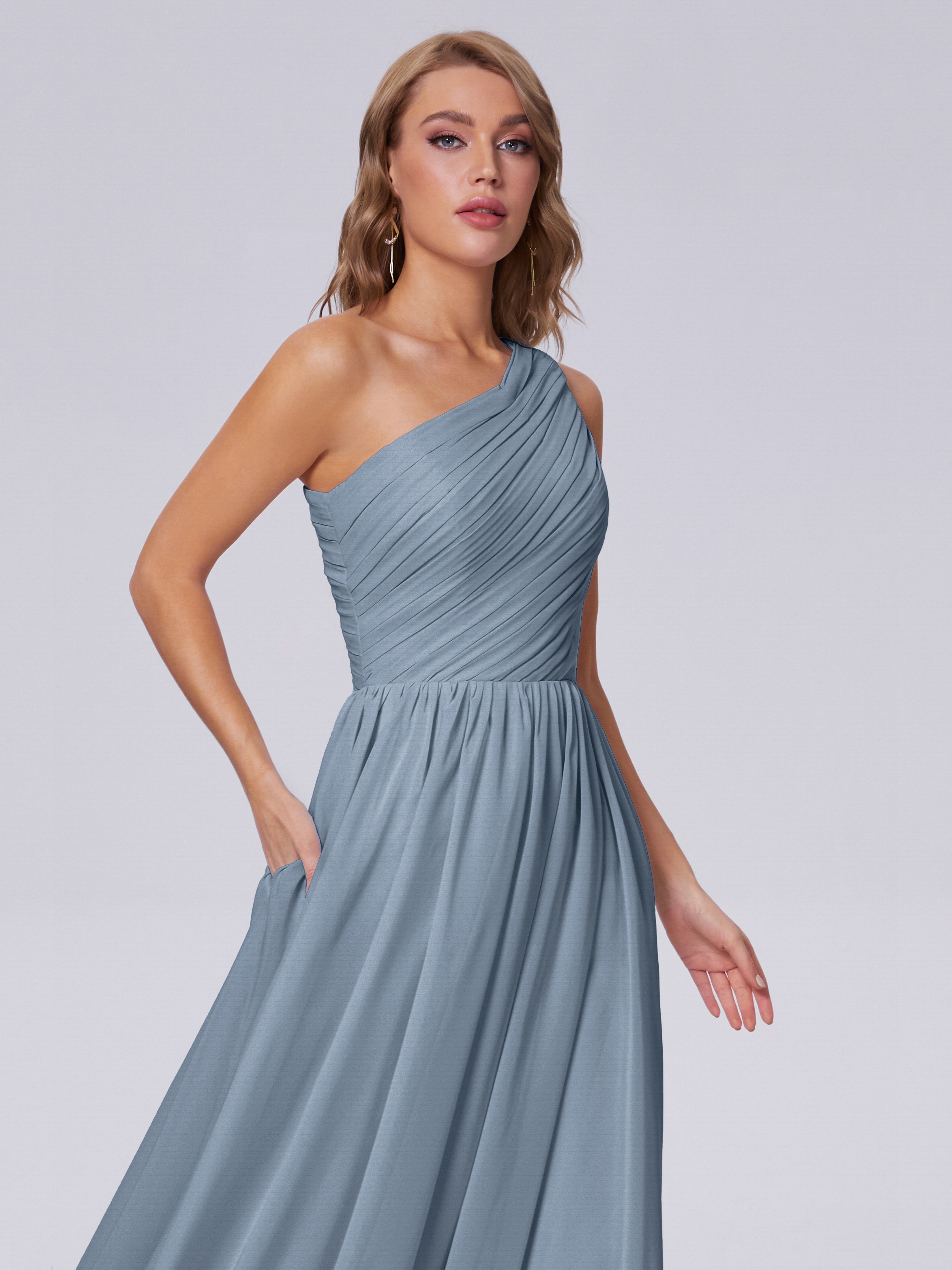 Robes De Demoiselle D'Honneur Bleu Gris Seule-Épaule Mousseline Robes Demoiselle D'Honneur