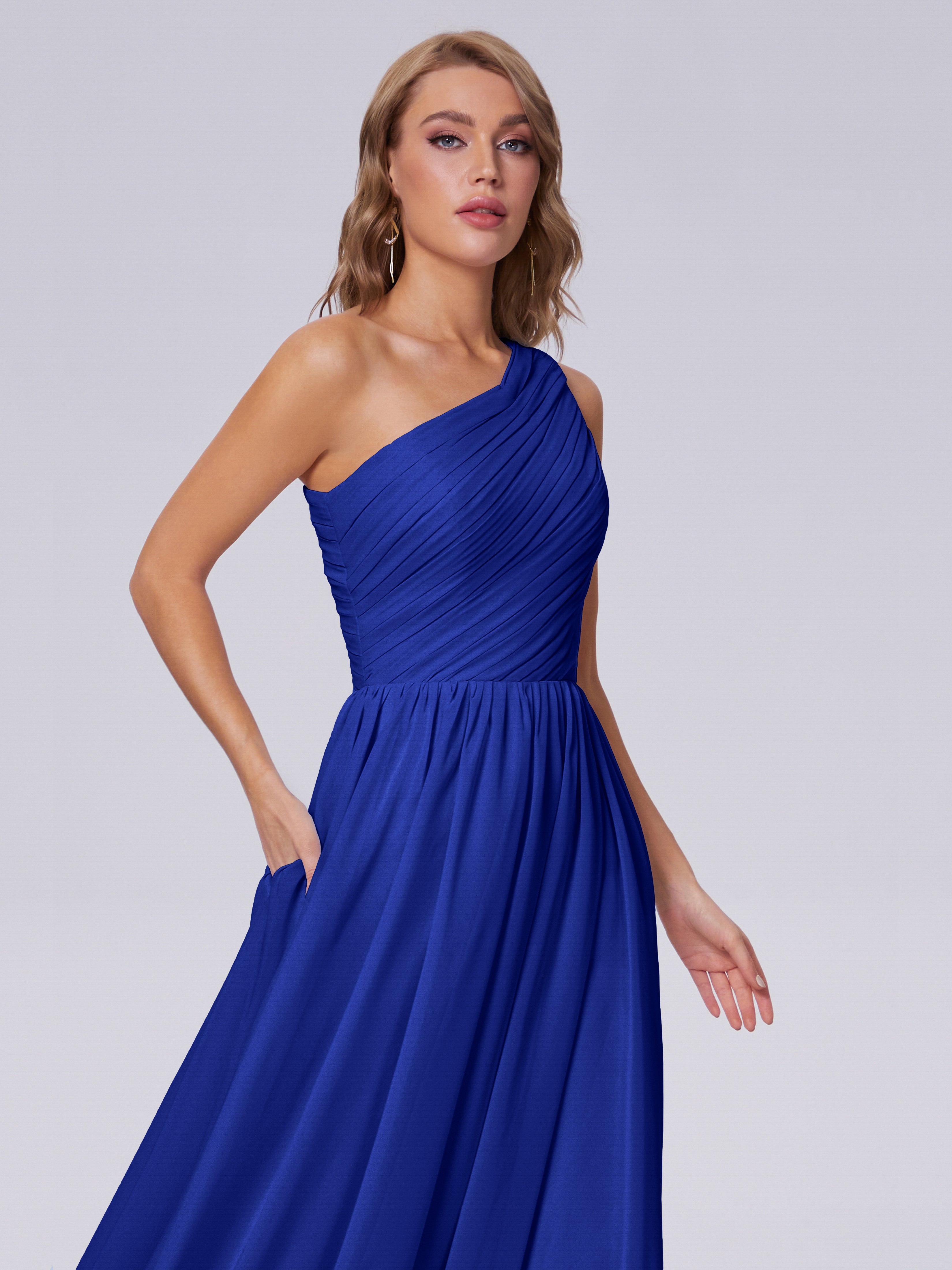 Robe Demoiselle D Honneur Bleu Roi Seule-Épaule Mousseline Robes Demoiselle D'Honneur