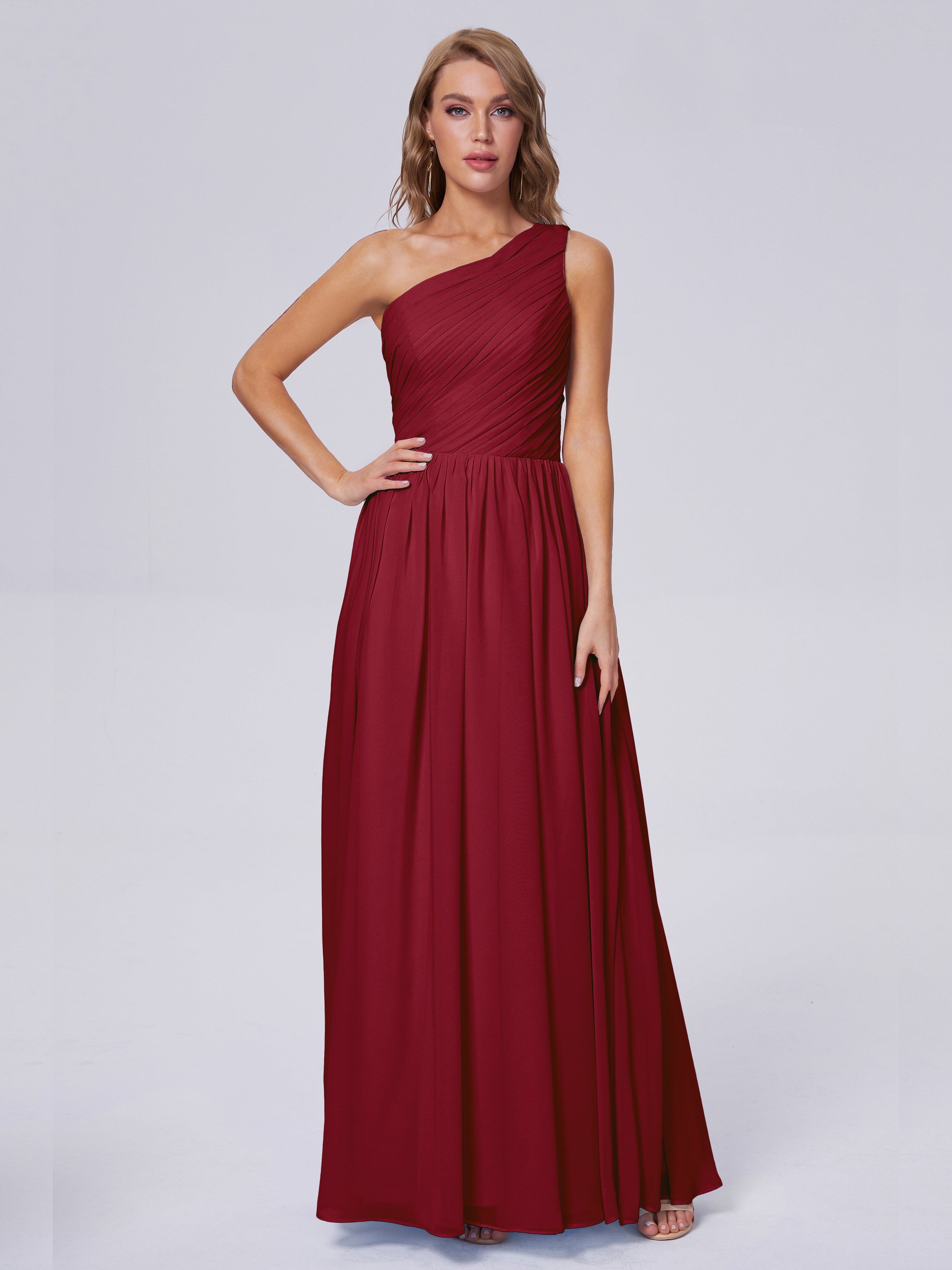 Robes De Demoiselle D'Honneur Rouge Bordeaux Seule-Épaule Mousseline Robes Demoiselle D'Honneur