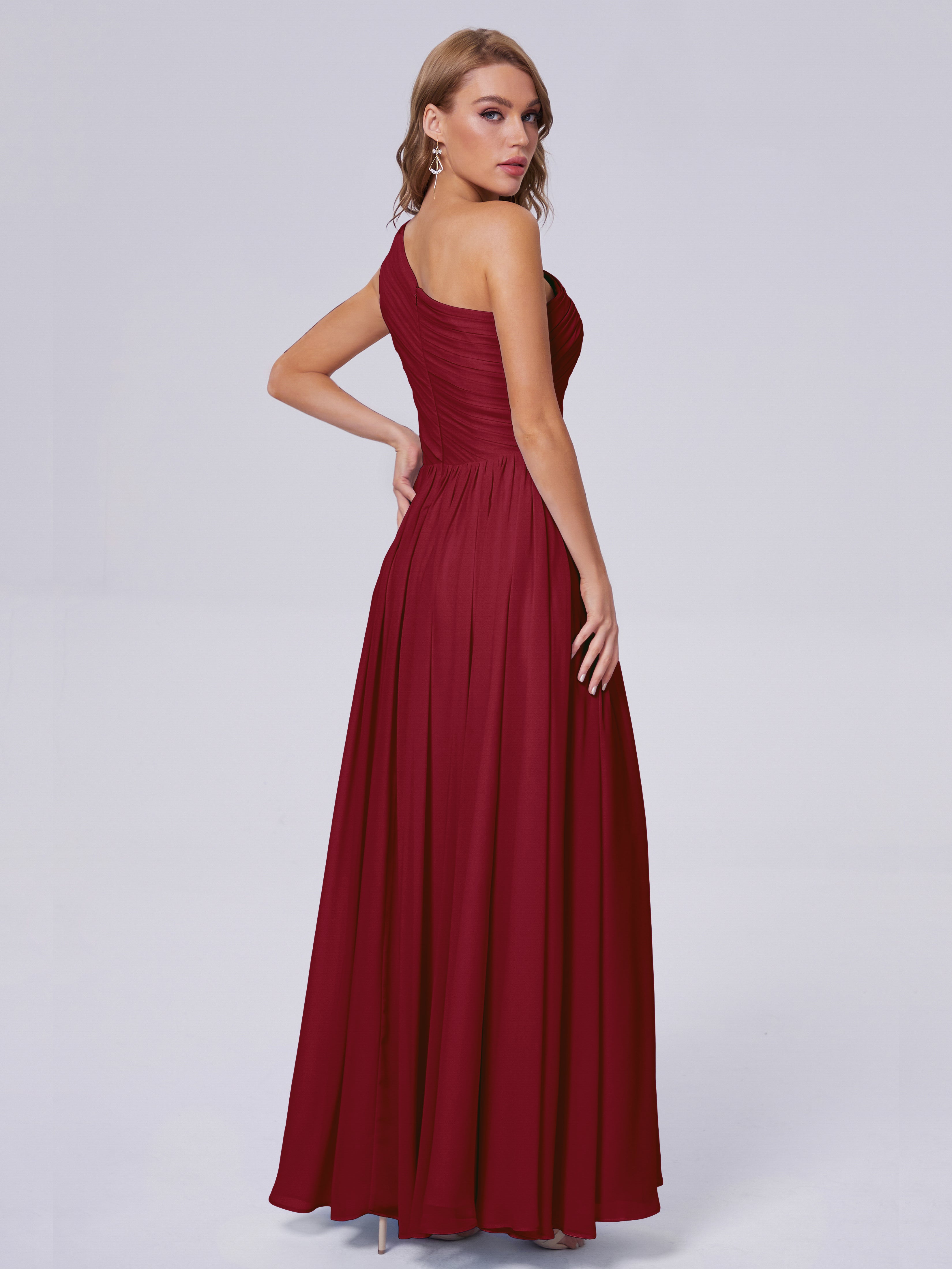 Robes De Demoiselle D'Honneur Rouge Bordeaux Seule-Épaule Mousseline Robes Demoiselle D'Honneur