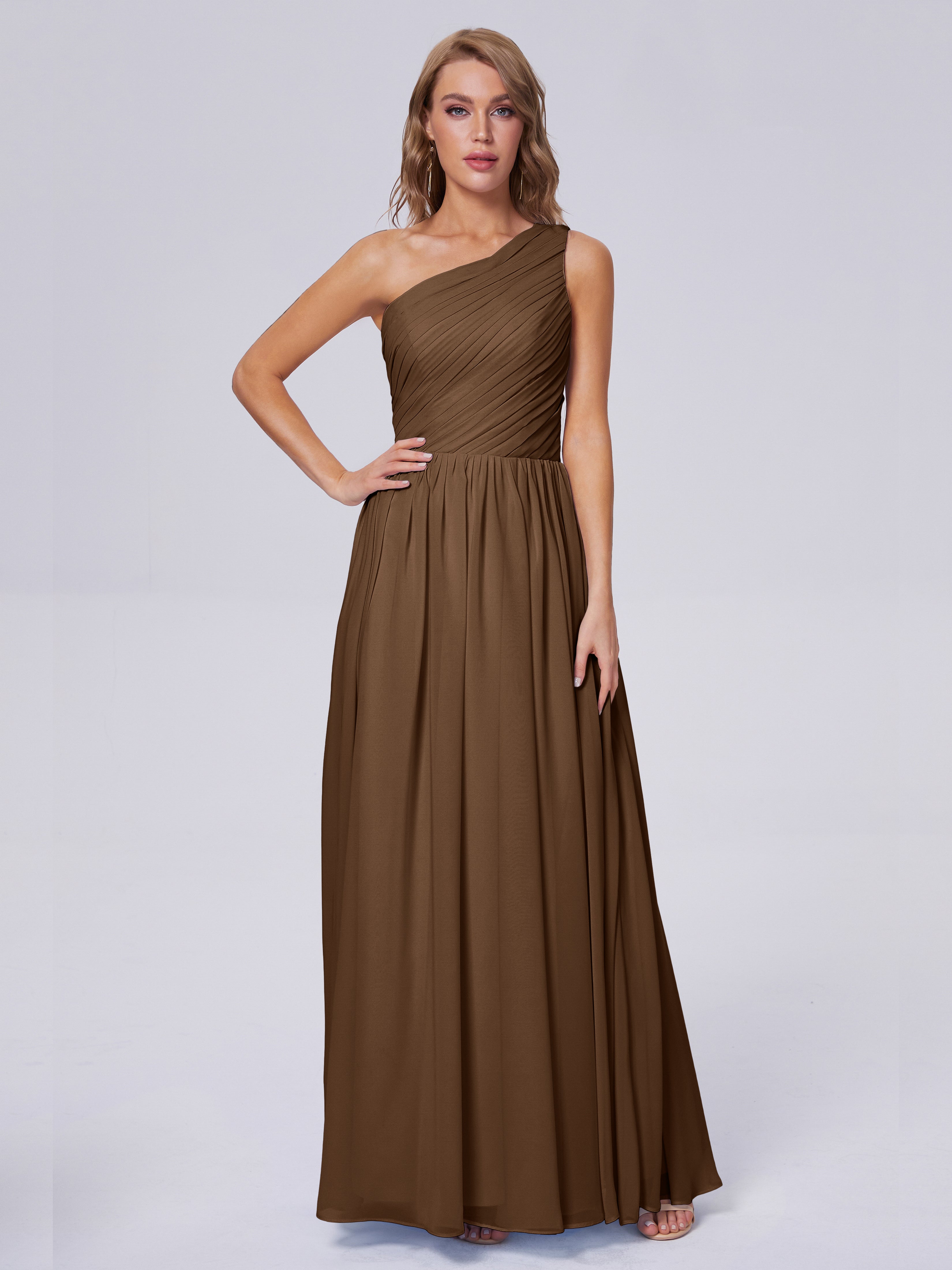 Robe Demoiselle D Honneur Brun Seule-Épaule Mousseline Robes Demoiselle D'Honneur
