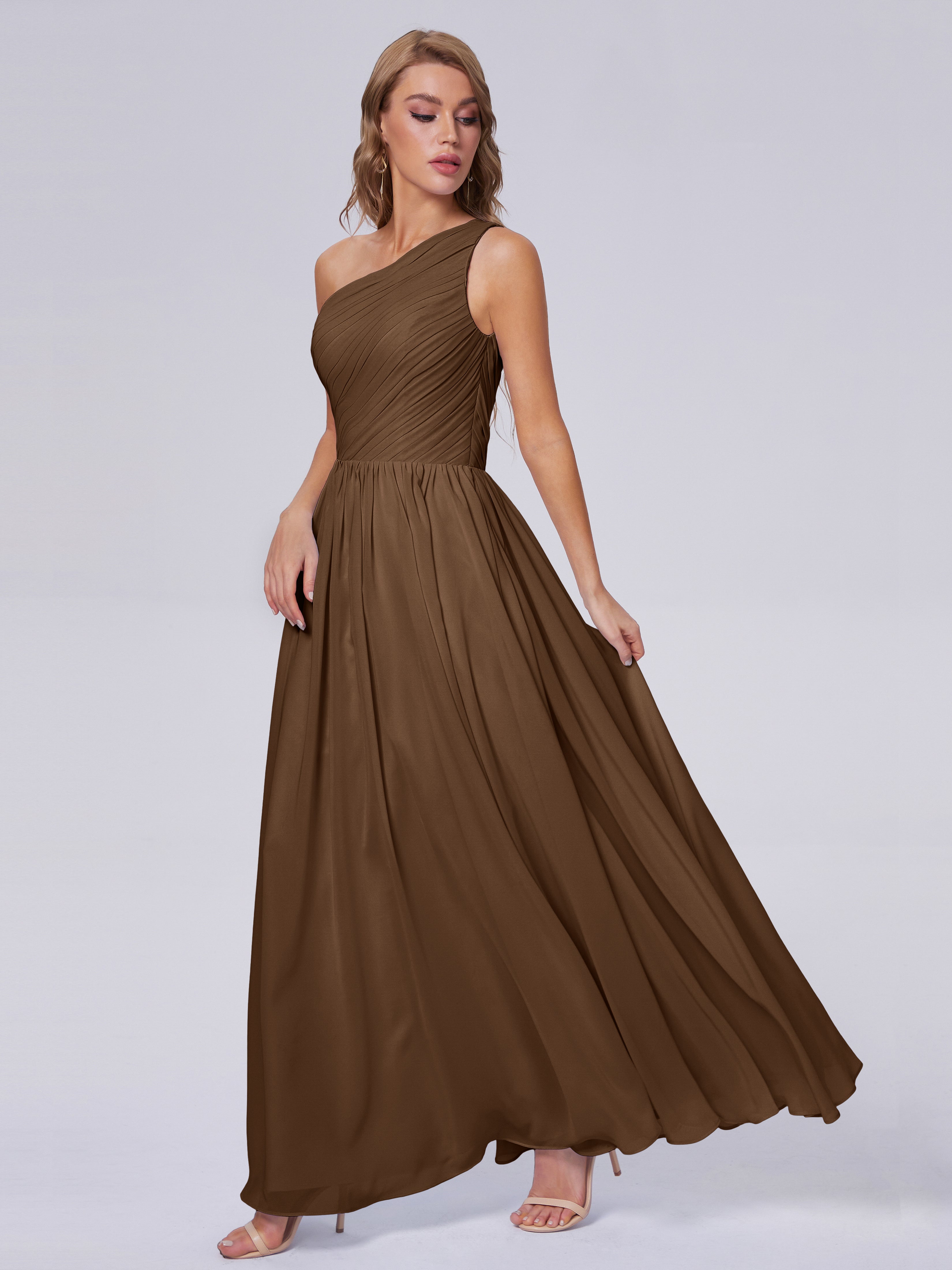 Robe Demoiselle D Honneur Brun Seule-Épaule Mousseline Robes Demoiselle D'Honneur
