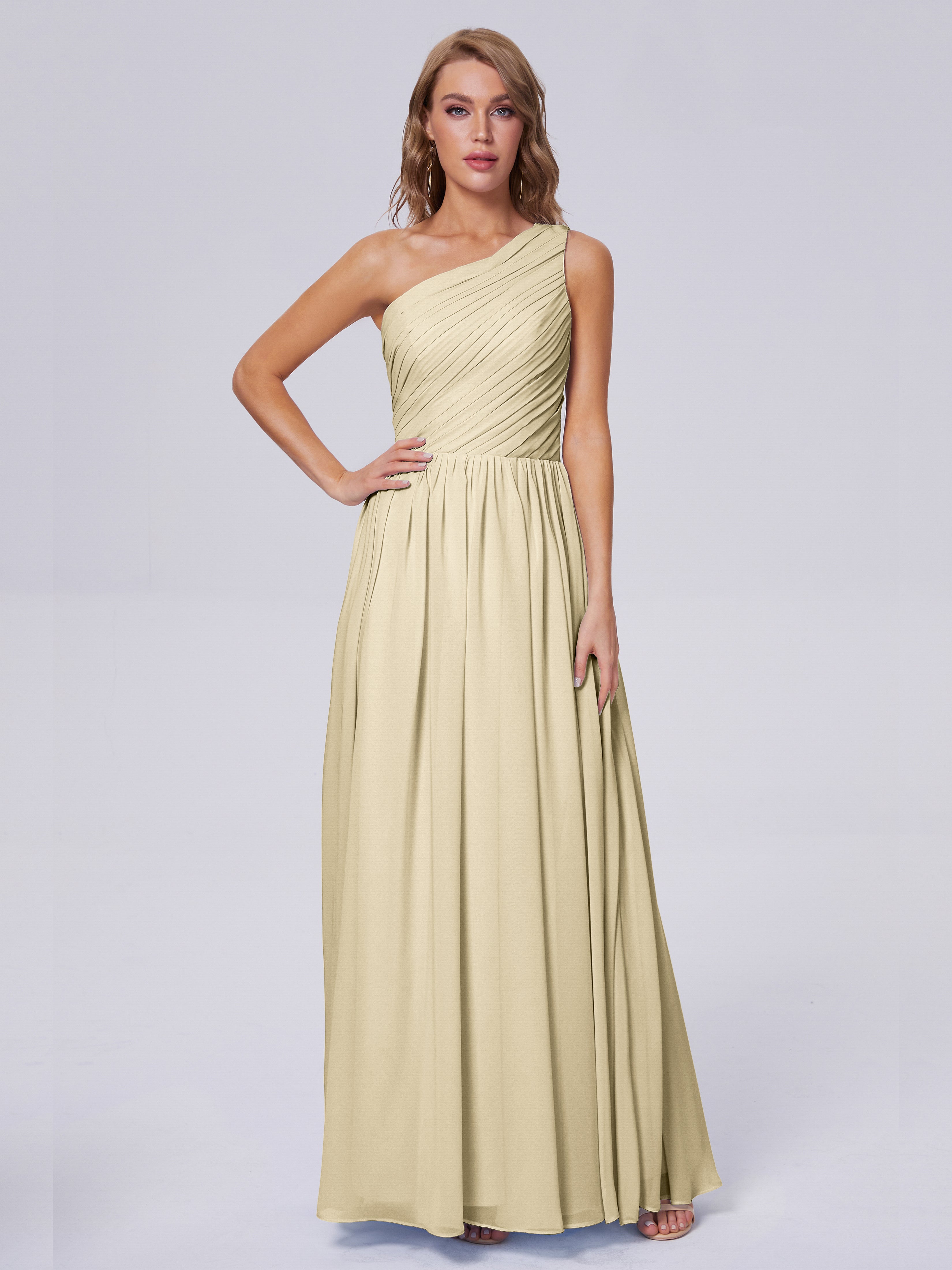 Robes De Demoiselle D'Honneur Champagne Seule-Épaule Mousseline Robes Demoiselle D'Honneur