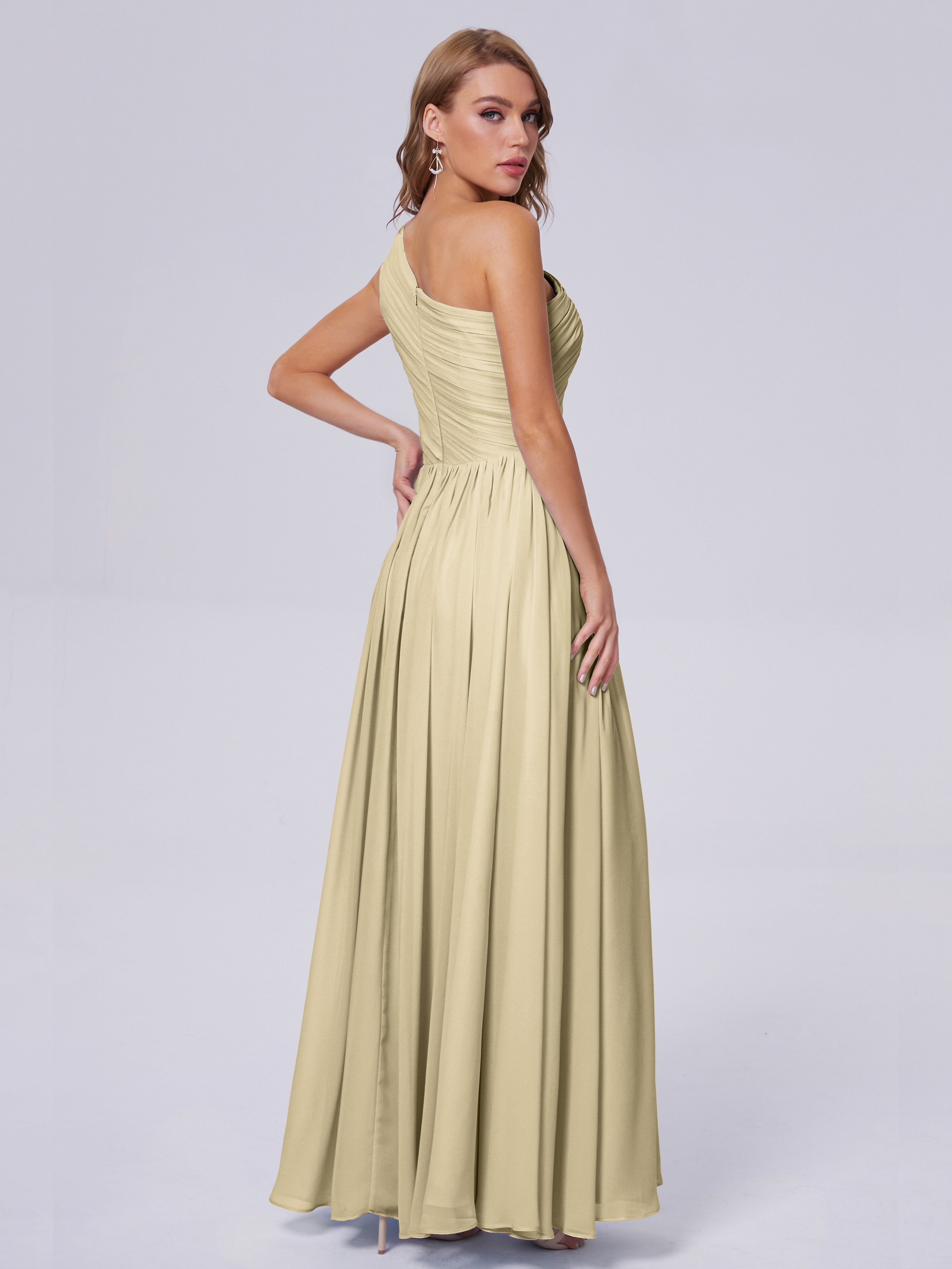 Robes De Demoiselle D'Honneur Champagne Seule-Épaule Mousseline Robes Demoiselle D'Honneur