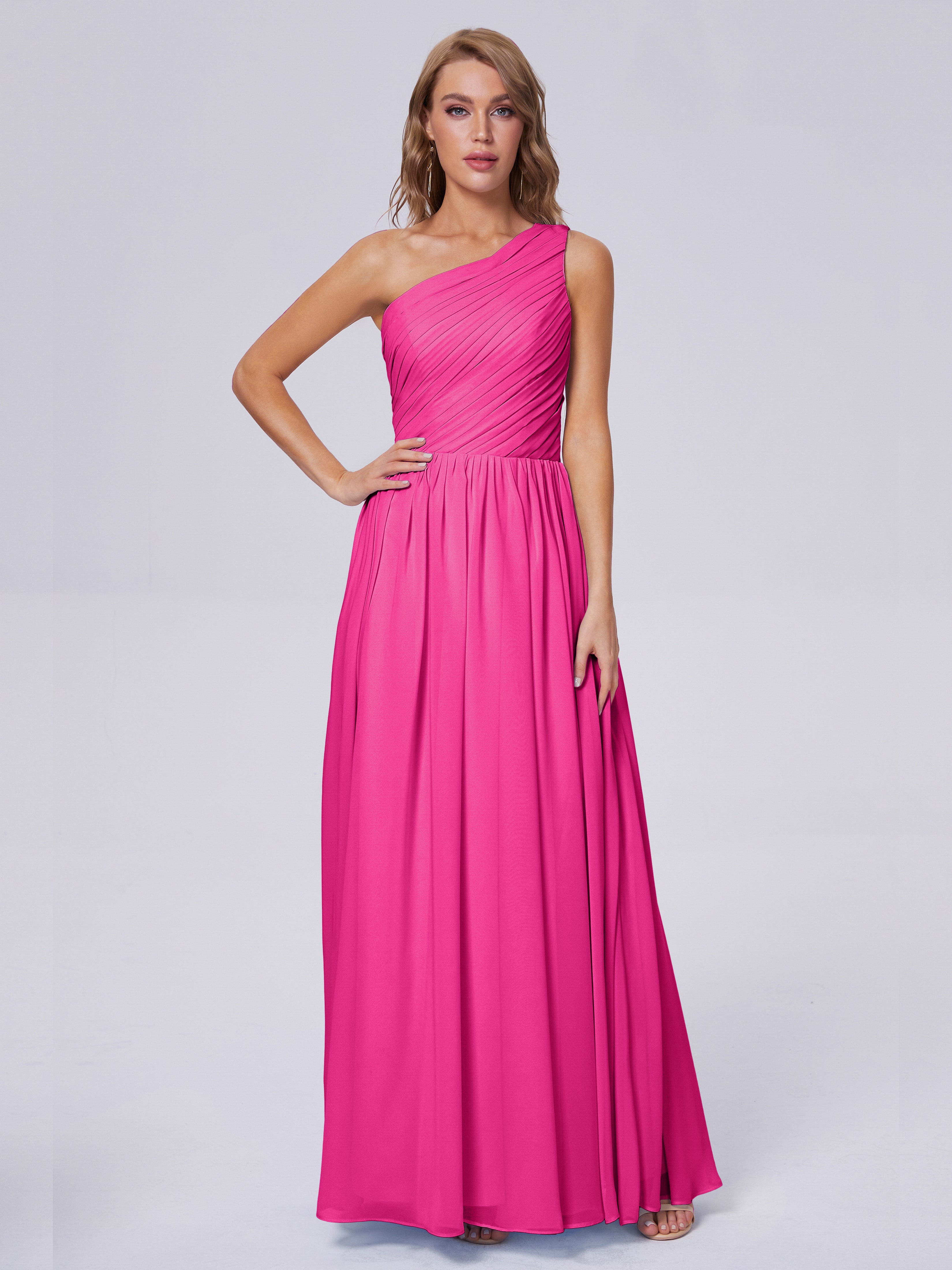 Robes De Demoiselle D'Honneur Couleur Rose Fuchsia Seule-Épaule Mousseline Robes Demoiselle D'Honneur