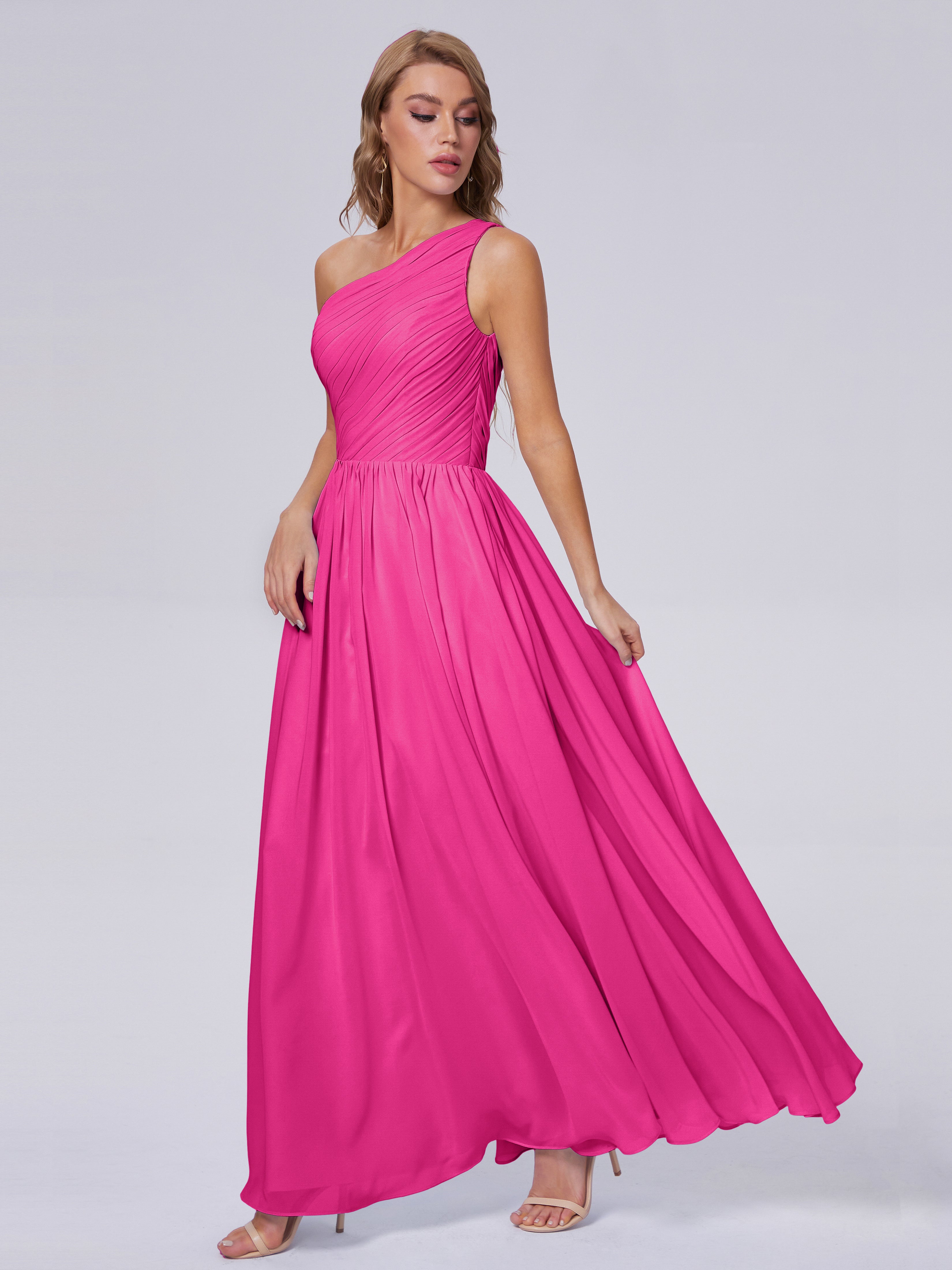 Robes De Demoiselle D'Honneur Couleur Rose Fuchsia Seule-Épaule Mousseline Robes Demoiselle D'Honneur