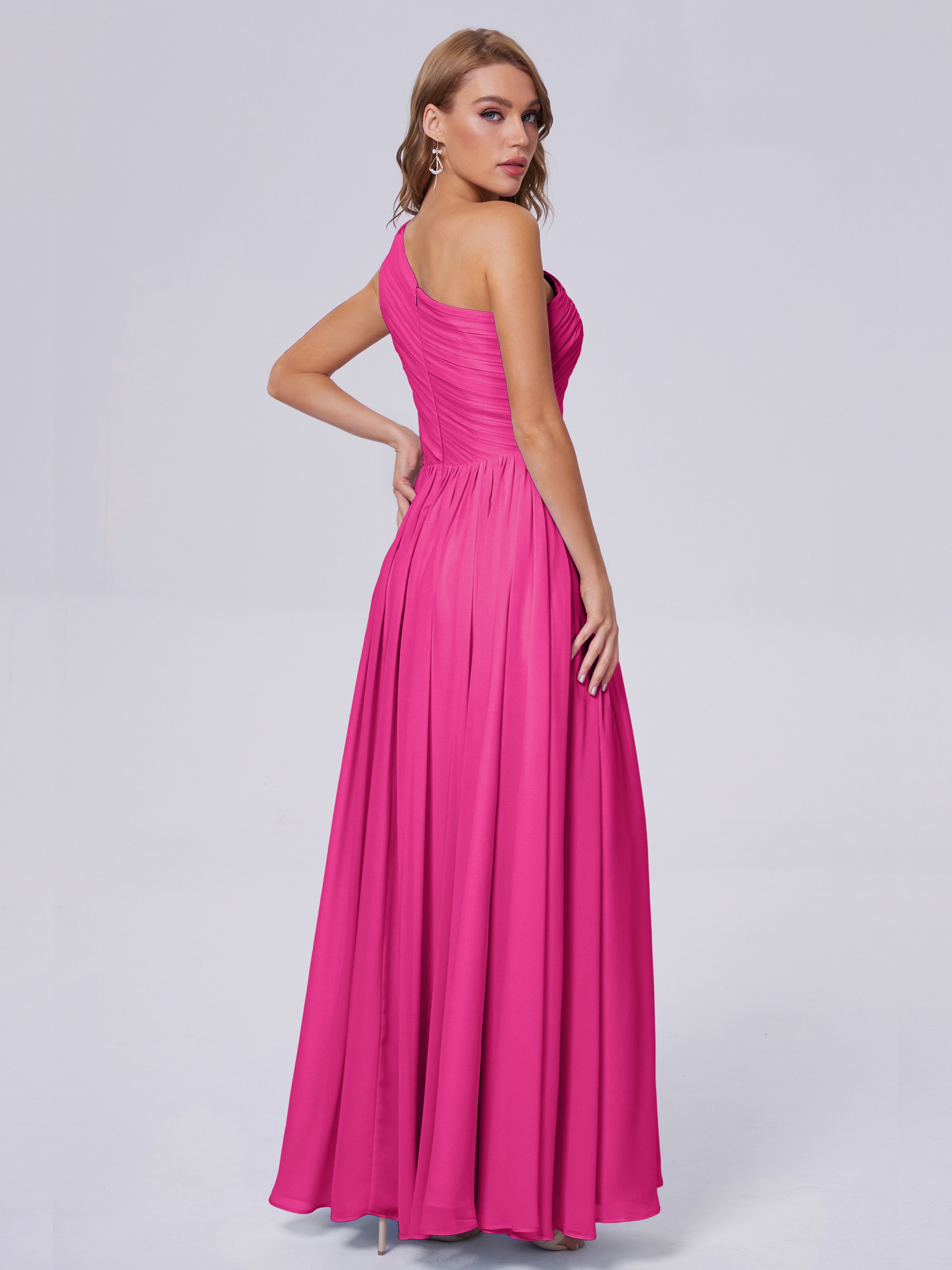 Robes De Demoiselle D'Honneur Couleur Rose Fuchsia Seule-Épaule Mousseline Robes Demoiselle D'Honneur