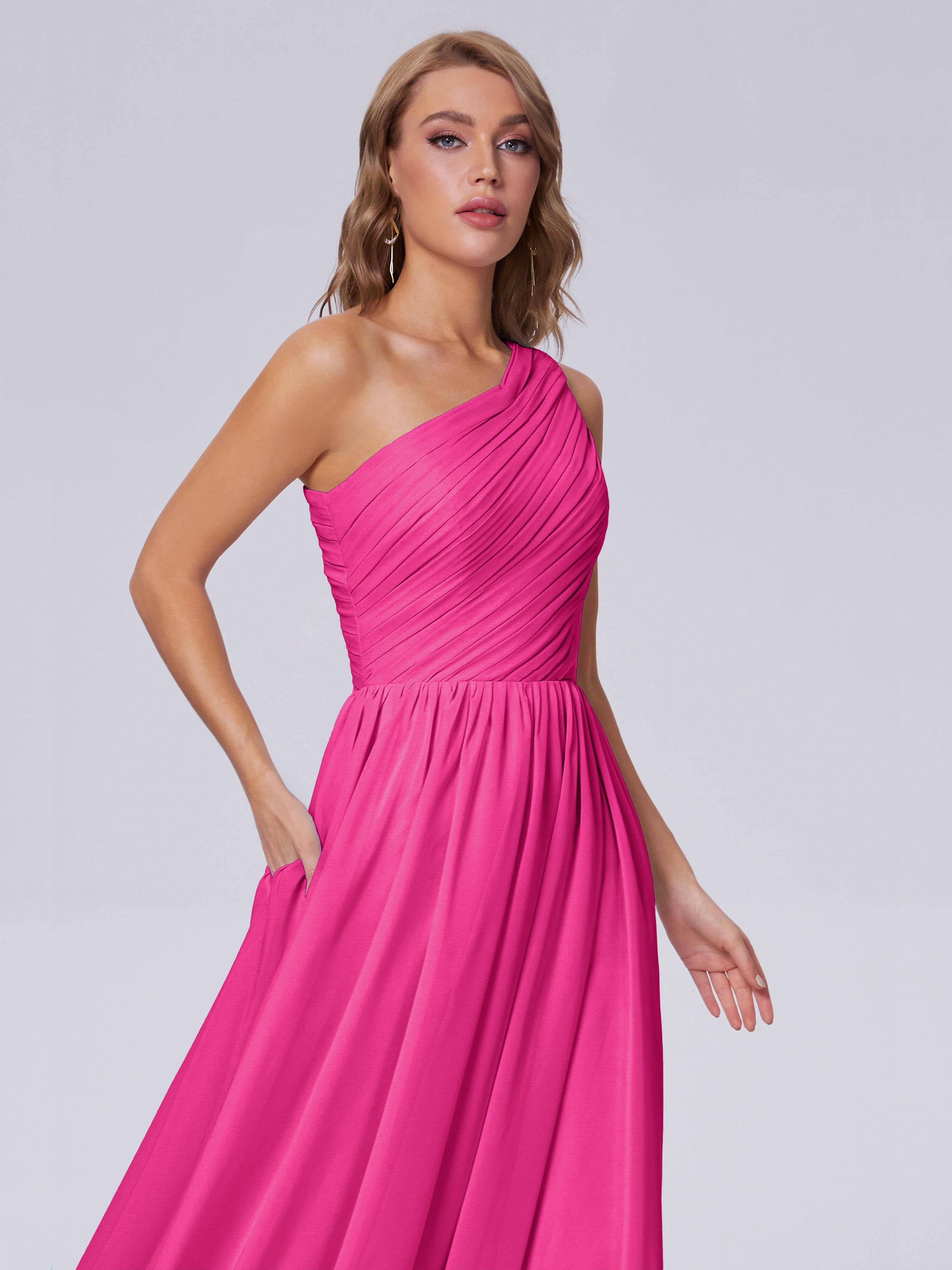 Robes De Demoiselle D'Honneur Couleur Rose Fuchsia Seule-Épaule Mousseline Robes Demoiselle D'Honneur