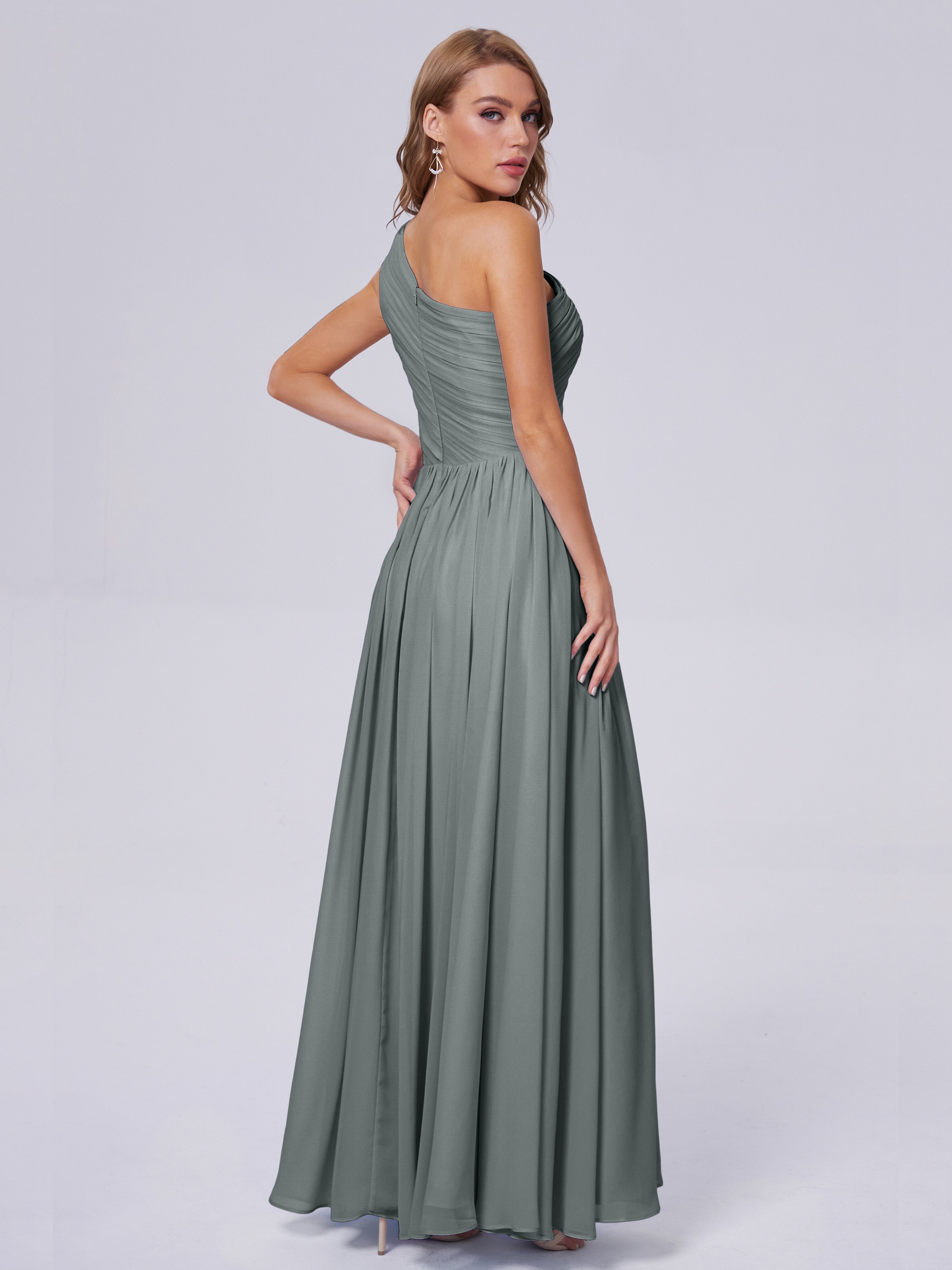 Robe Longue Grise Demoiselle D Honneur Seule-Épaule Mousseline Robes Demoiselle D'Honneur