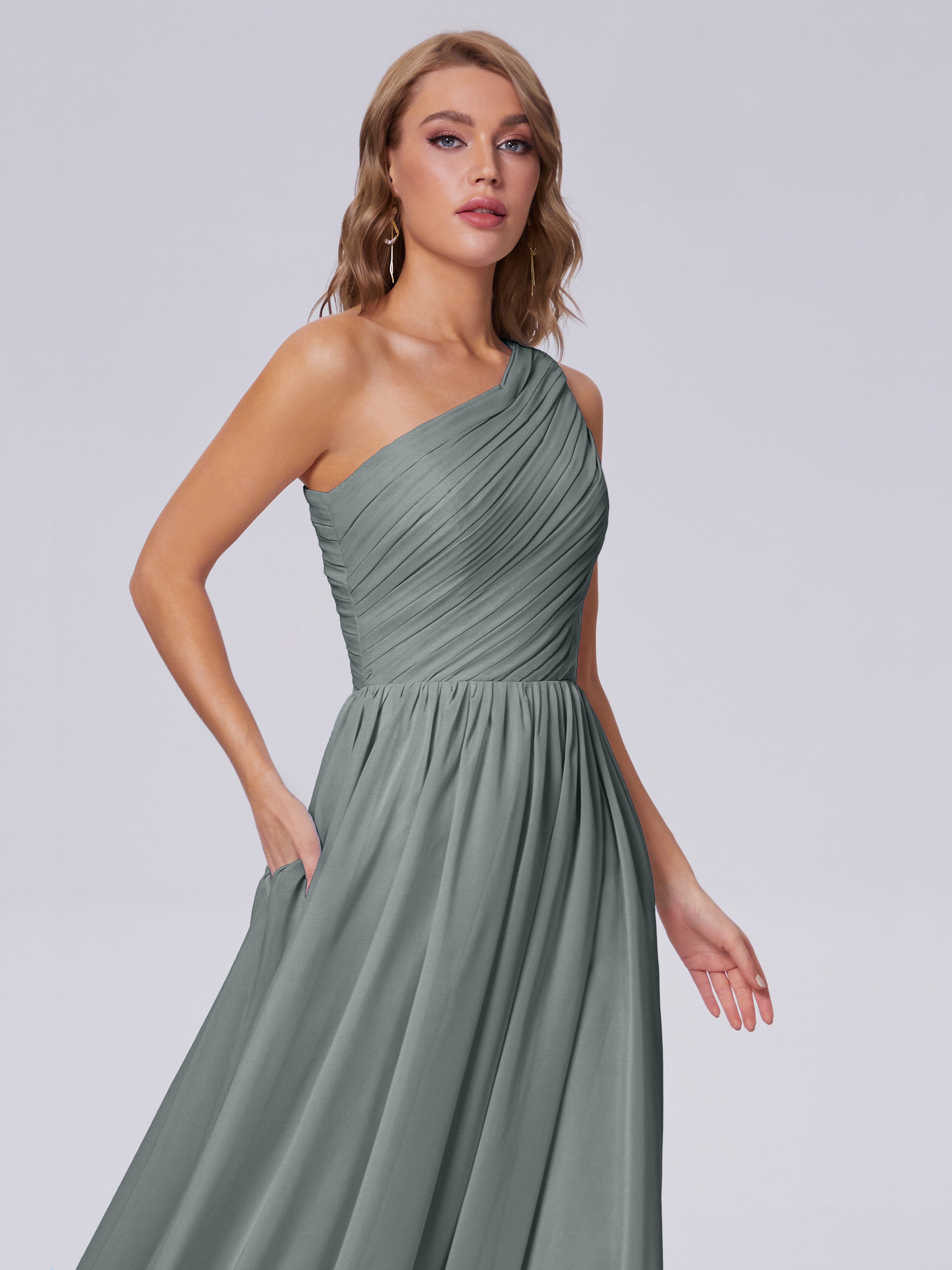 Robe Longue Grise Demoiselle D Honneur Seule-Épaule Mousseline Robes Demoiselle D'Honneur