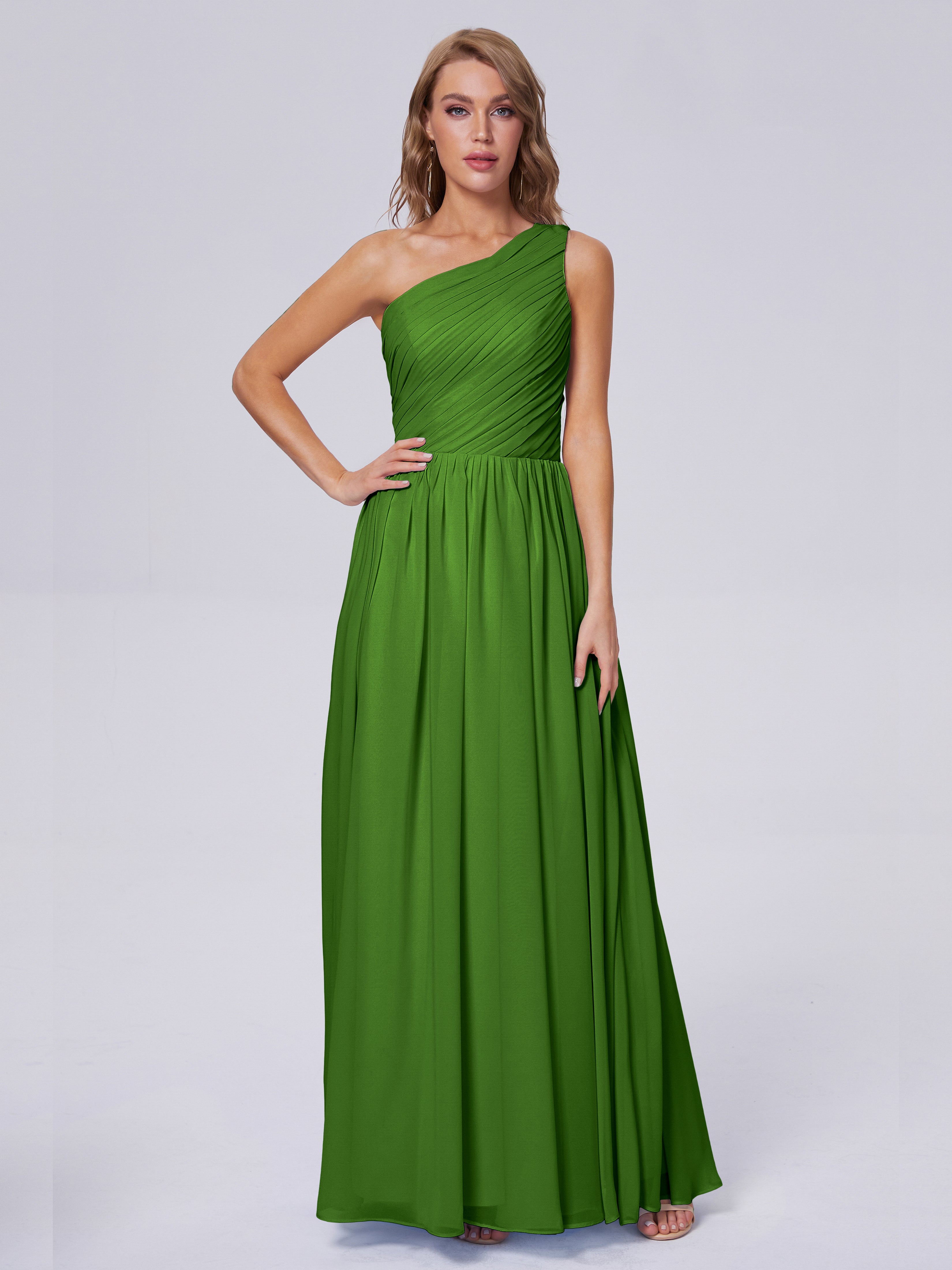 Robes De Demoiselle D'Honneur Vert Mousse Seule-Épaule Mousseline Robes Demoiselle D'Honneur