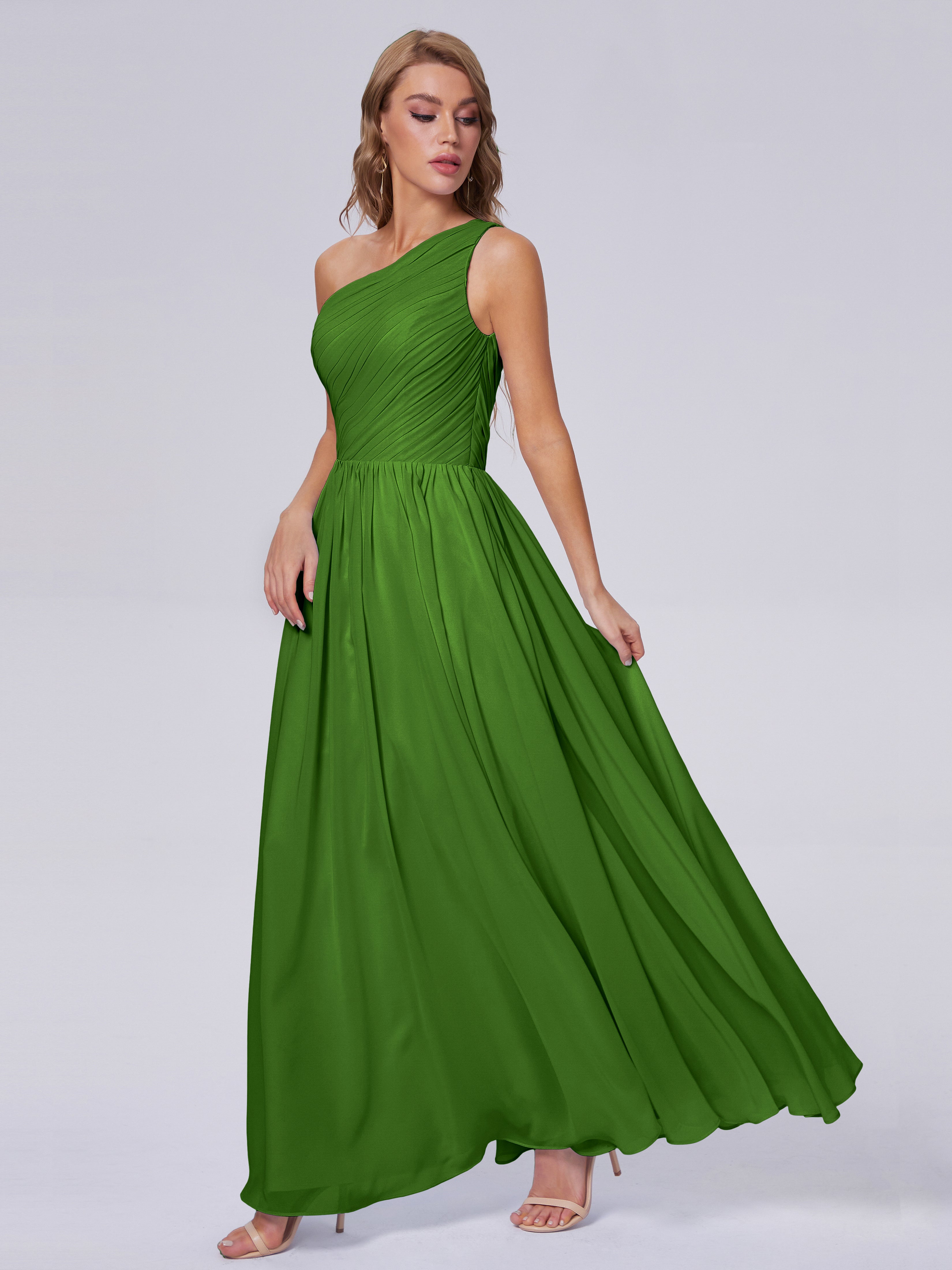 Robes De Demoiselle D'Honneur Vert Mousse Seule-Épaule Mousseline Robes Demoiselle D'Honneur