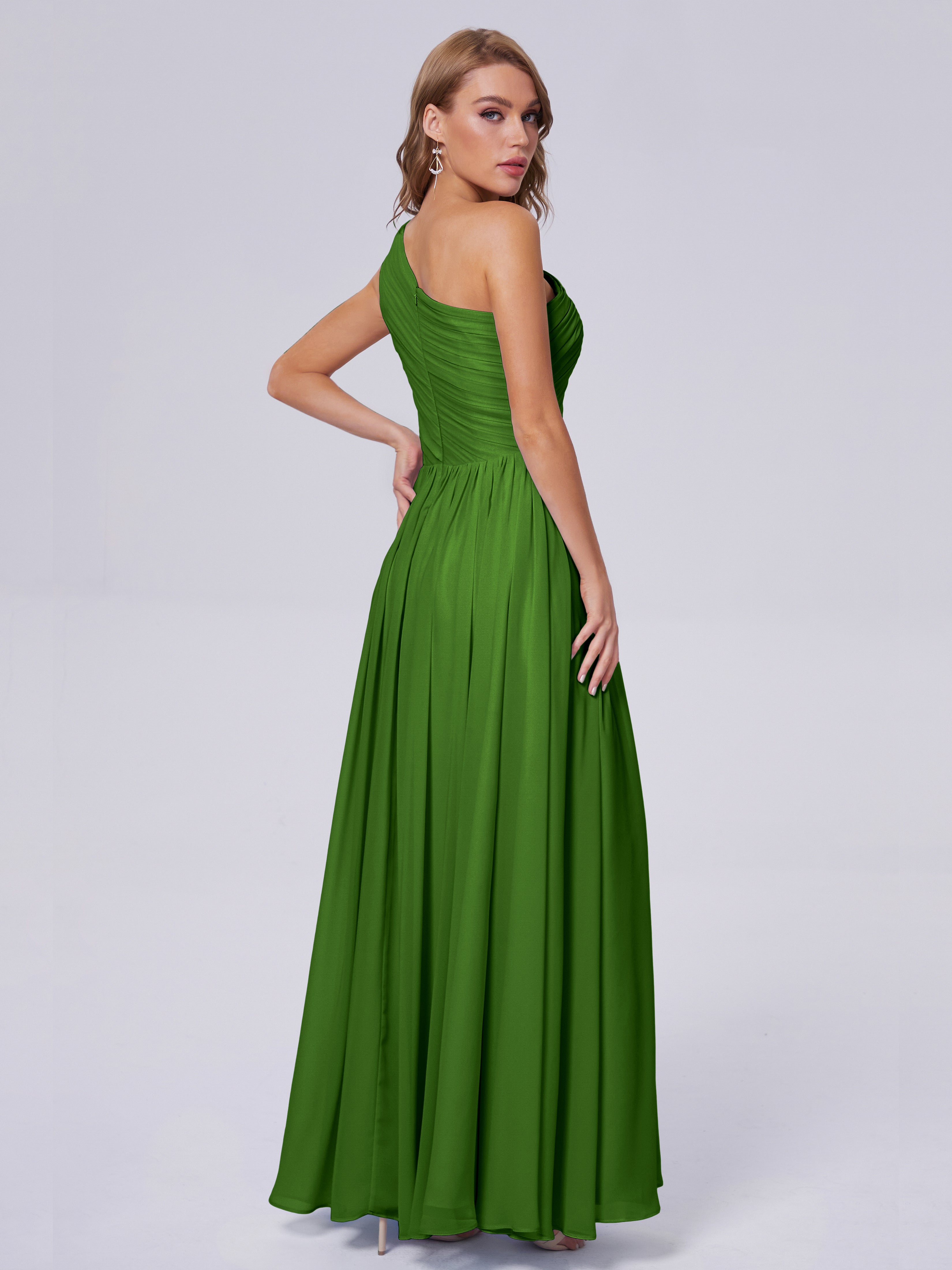 Robes De Demoiselle D'Honneur Vert Mousse Seule-Épaule Mousseline Robes Demoiselle D'Honneur